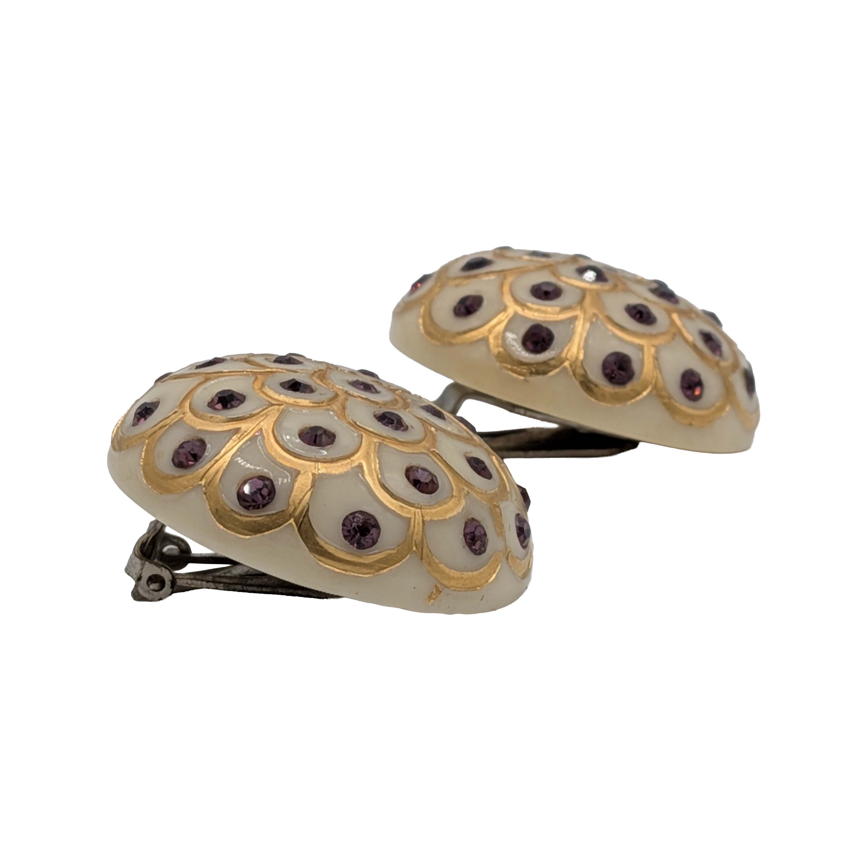 Silver Tone White Resin Purple Rhinestone Dome Earrings