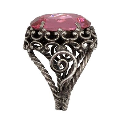 Sterling Silver Pink Rhinestone Open Work Adjustable Ring. Sterling Silver, Pink Rhinestone 
