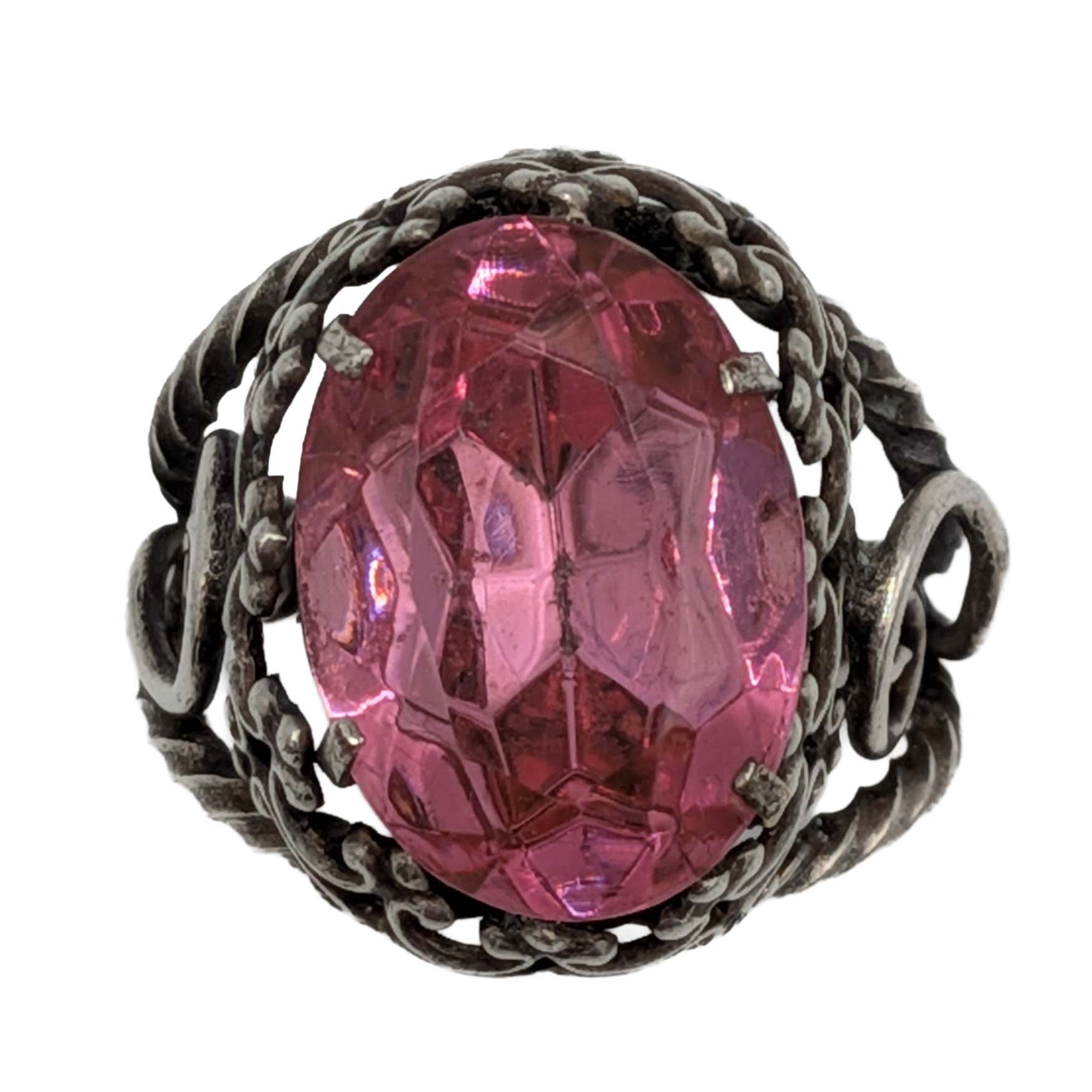 Sterling Silver Pink Rhinestone Open Work Adjustable Ring