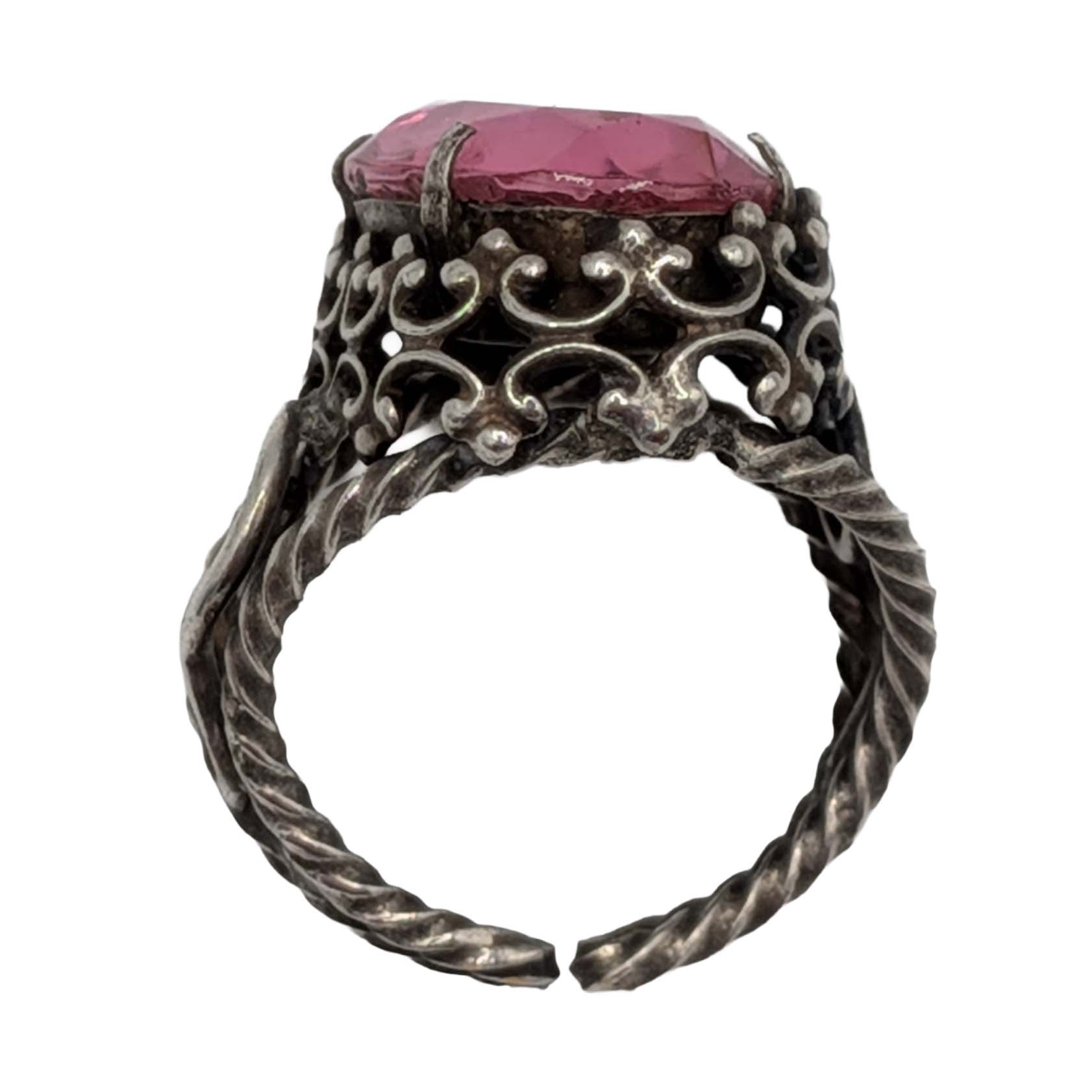 Sterling Silver Pink Rhinestone Open Work Adjustable Ring