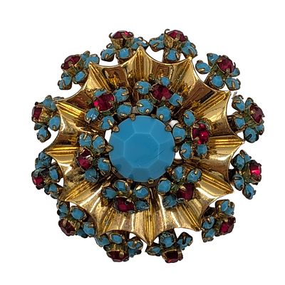 Gold Tone Faux Turquoise Red Rhinestone Starburst Brooch. Gold Tone Metal, Faux Turquoise, Red 