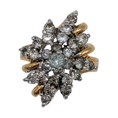 Gold Tone White Rhinestone Cluster Ring Size 6. Gold Tone Metal, White Rhinestone Cluster Ring. 