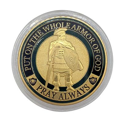Symbol Arts Gold Plated Bronze Enamel Armor of God Challenge Coin. Symbol Arts Gold Plated 