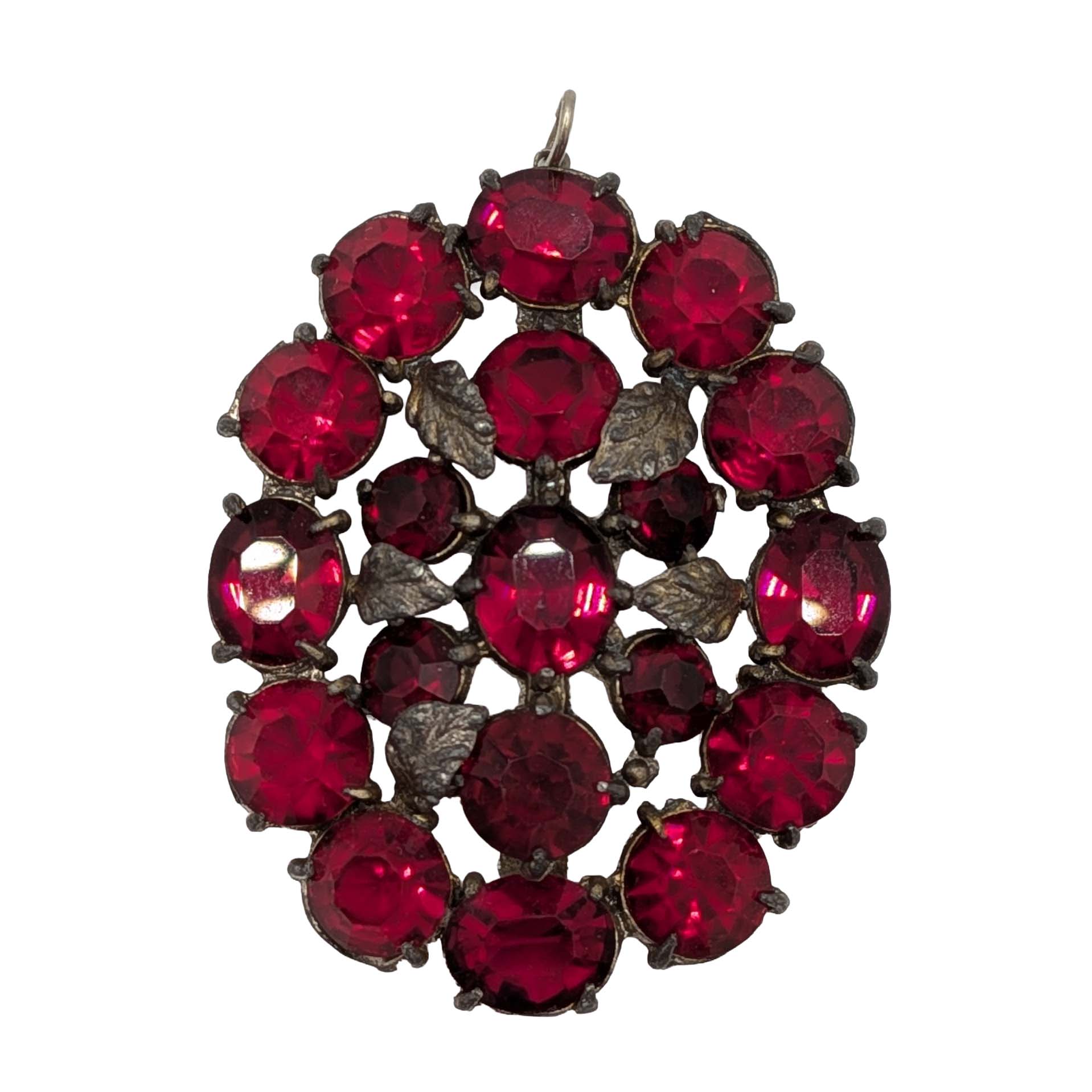 Vintage Silver Tone Red Rhinestone Cluster Leaf Pendant