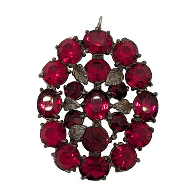 Vintage Silver Tone Red Rhinestone Cluster Leaf Pendant. Vintage Silver Tone Metal, Red 