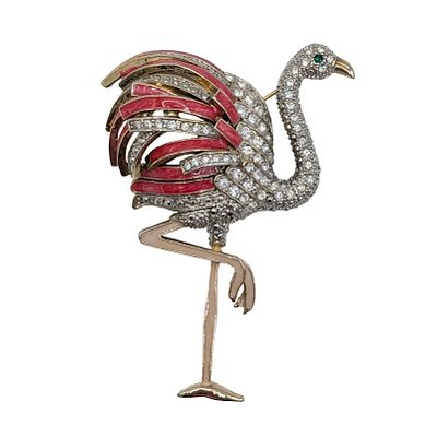 Gold Tone Rhinestone Enamel Flamingo Brooch. Gold Tone Metal, Pink Enamel Flamingo Brooch. AS IS 