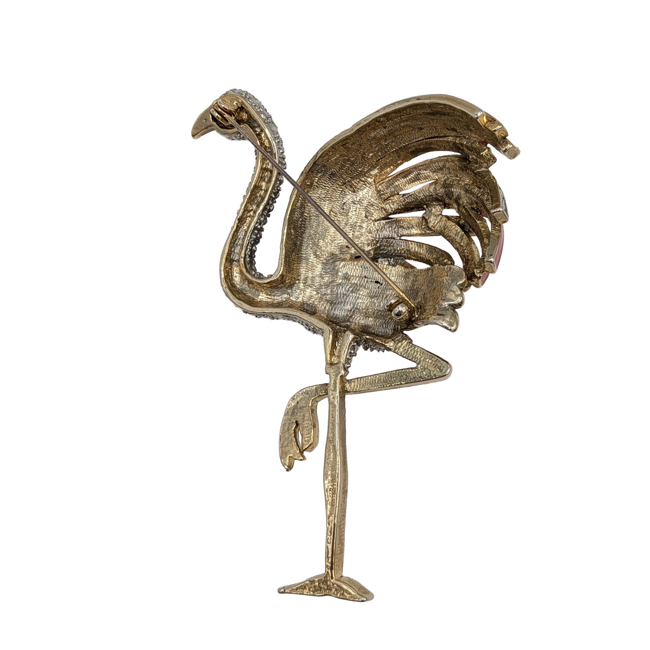 Gold Tone Rhinestone Enamel Flamingo Brooch