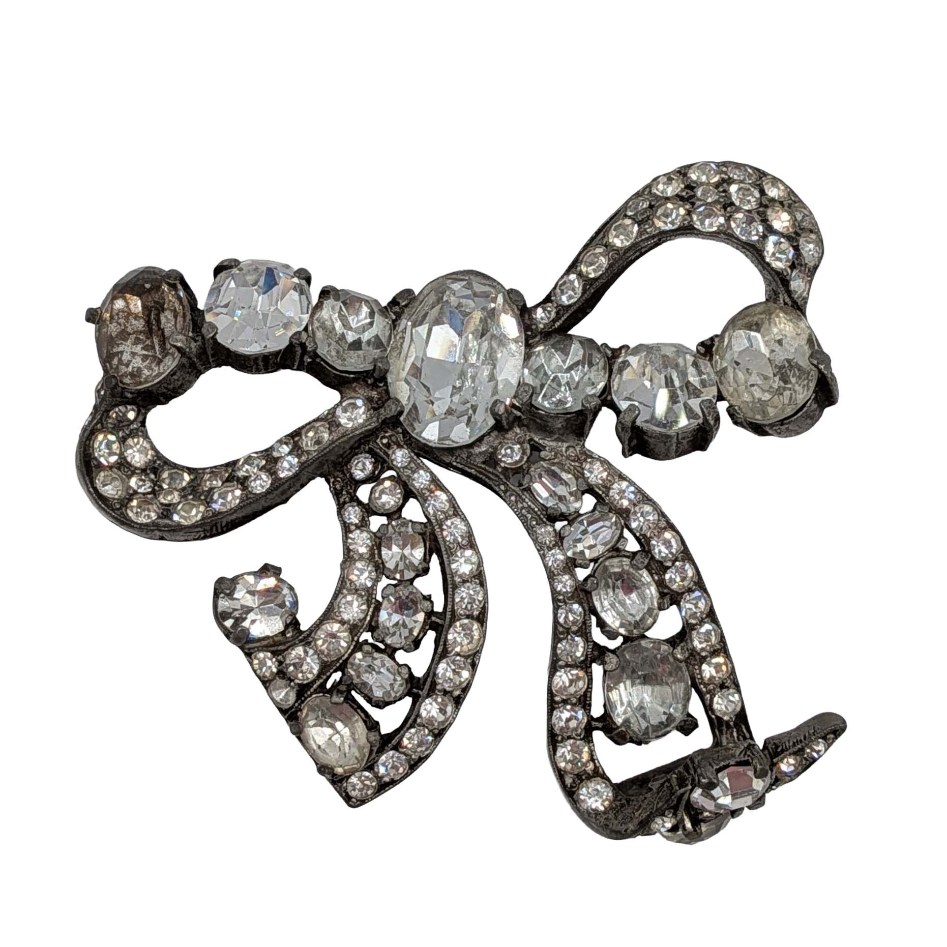 Eisenberg Silver Tone Rhinestone Bow Brooch
