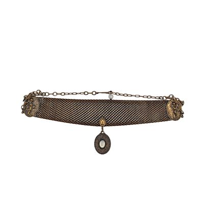 Gold Tone Faux Moonstone Victorian Revival Mesh Collar Necklace. Gold Tone Metal, Faux Moonstone 