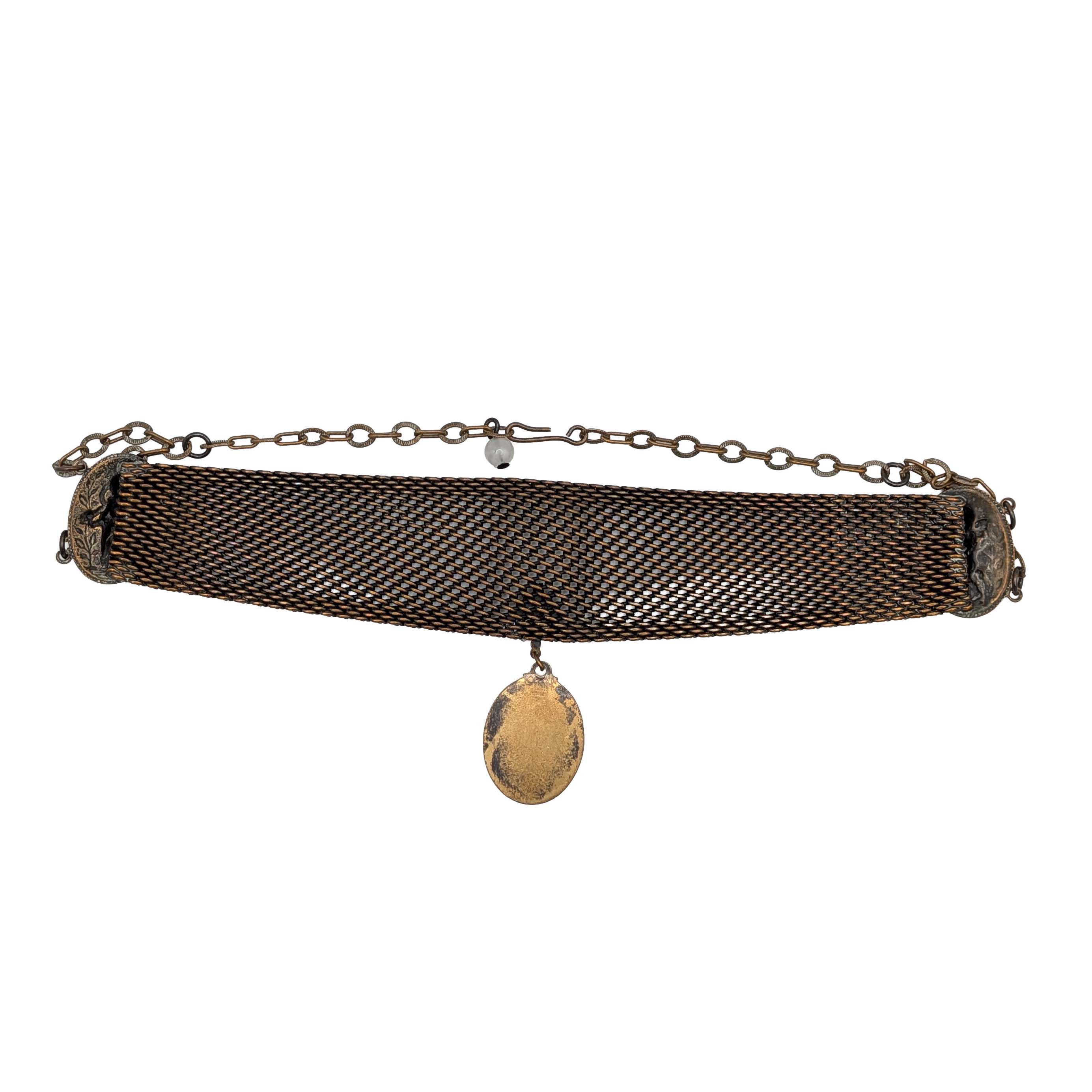 Gold Tone Faux Moonstone Victorian Revival Mesh Collar Necklace