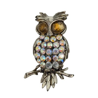 Coro Silver Tone Rhinestone Owl Brooch. Coro Silver Tone Metal, Iridescent Rhinestone Owl 