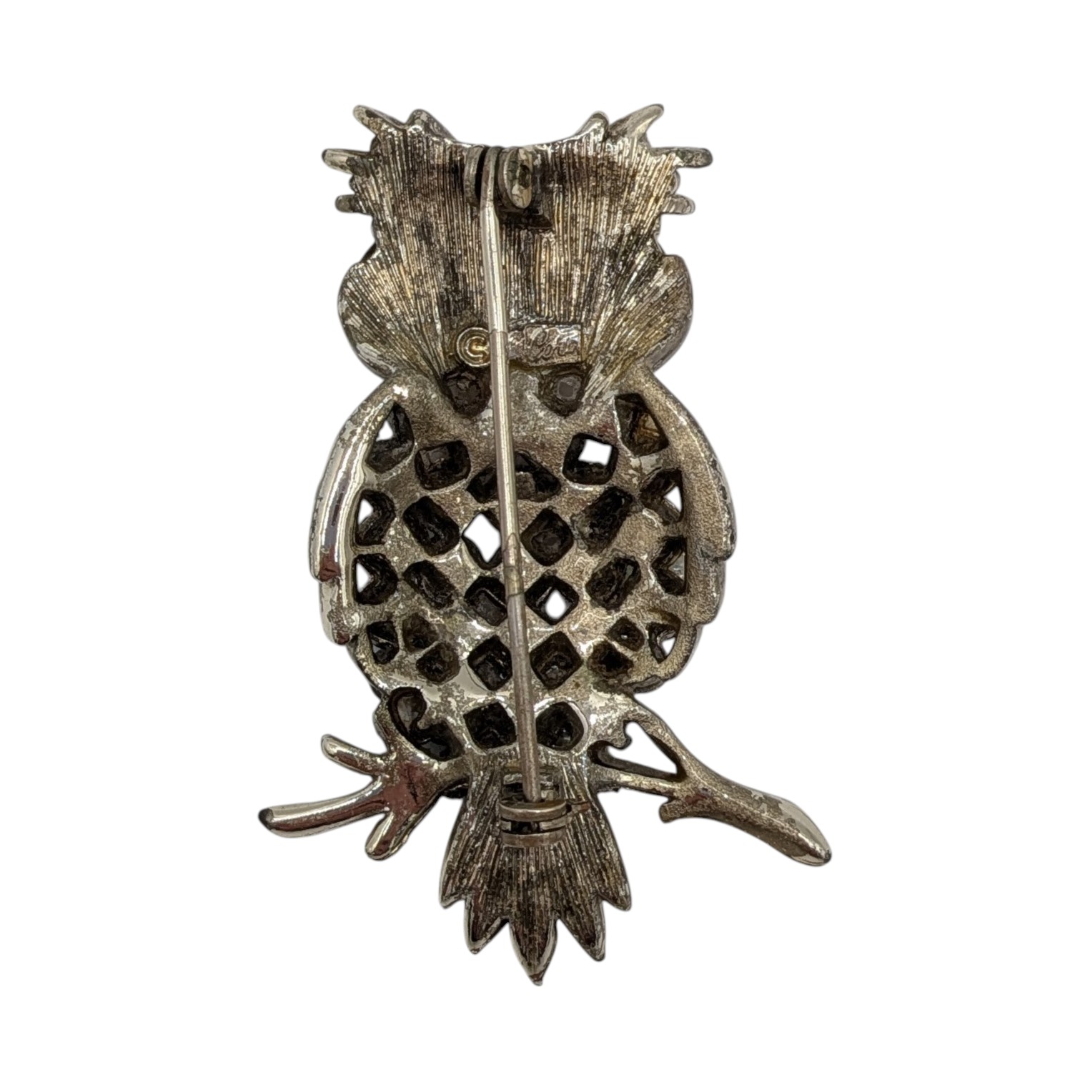 Coro Silver Tone Rhinestone Owl Brooch