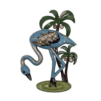 Silver Tone Enamel Rhinestone Palm Tree Flamingo Brooch. Silver Tone Metal, Enamel, Rhinestone 