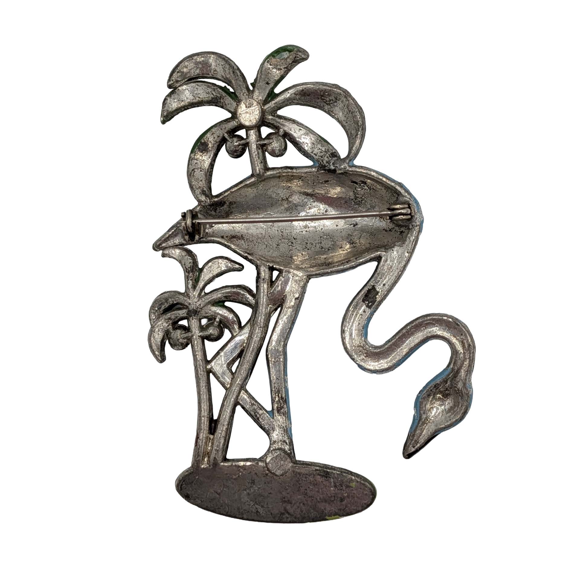 Silver Tone Enamel Rhinestone Palm Tree Flamingo Brooch