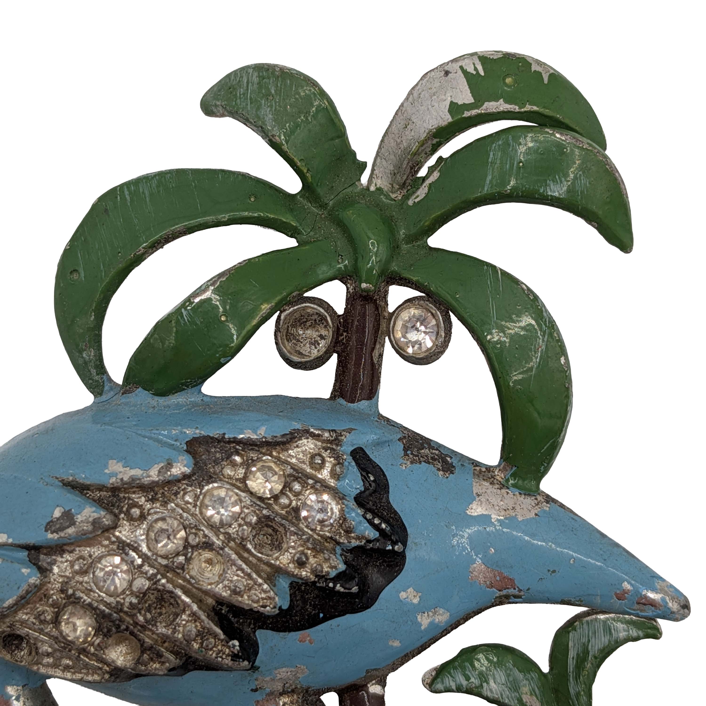 Silver Tone Enamel Rhinestone Palm Tree Flamingo Brooch