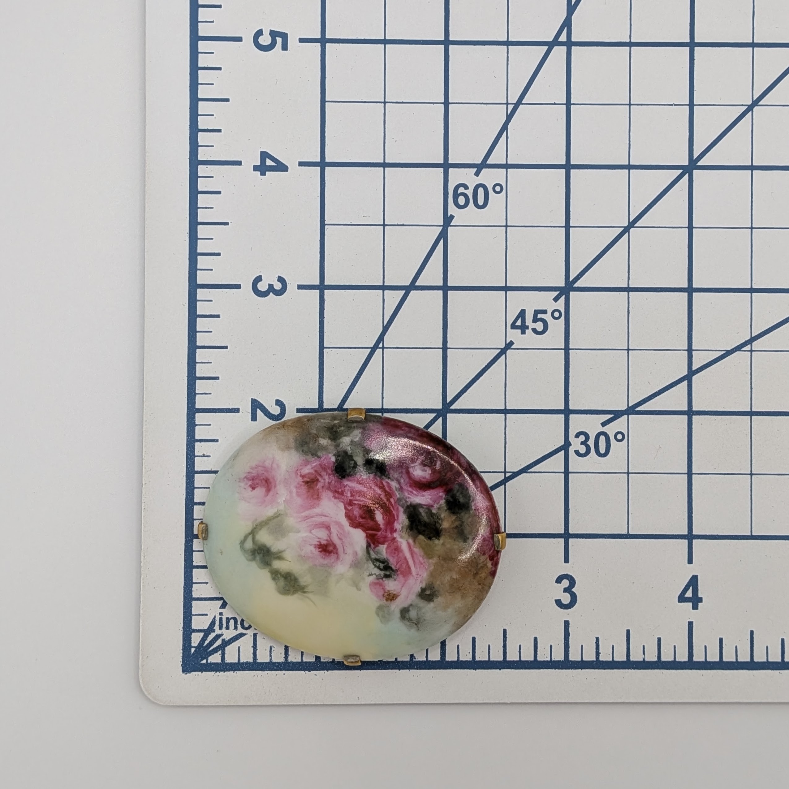 Signed Gold Tone Porcelain Hand Painted Rose Brooch