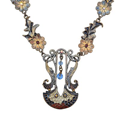 Gold Tone Rhinestone Resin Plique a Jour Style Floral Nouveau Necklace. Gold Tone Metal 