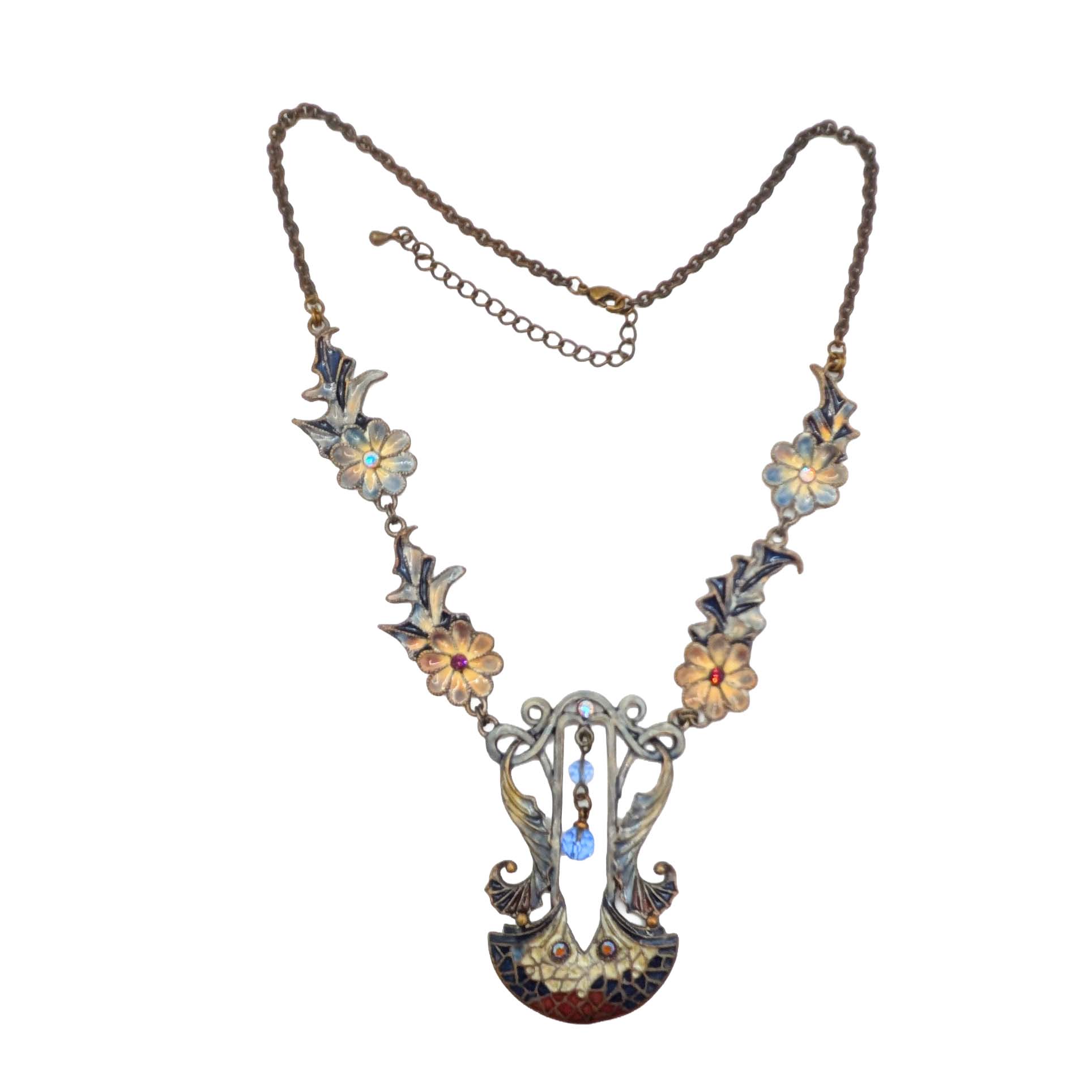 Gold Tone Rhinestone Resin Plique a Jour Style Floral Nouveau Necklace