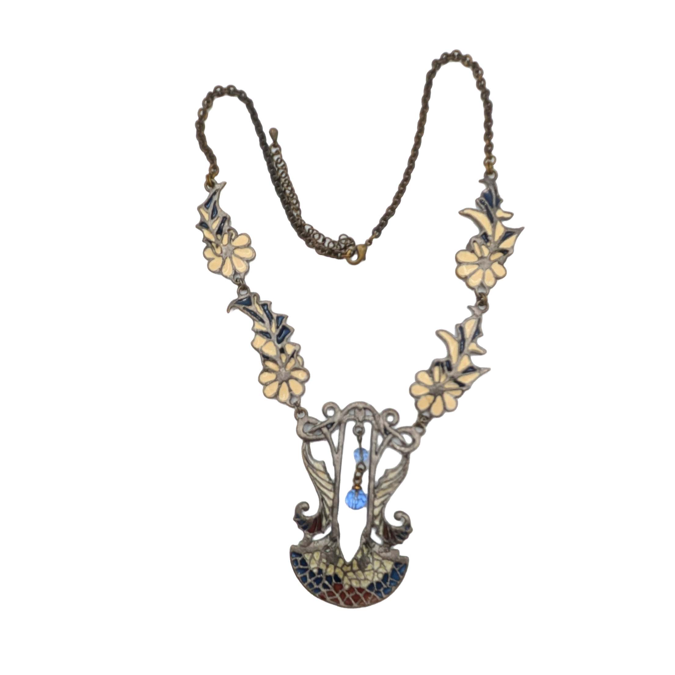 Gold Tone Rhinestone Resin Plique a Jour Style Floral Nouveau Necklace
