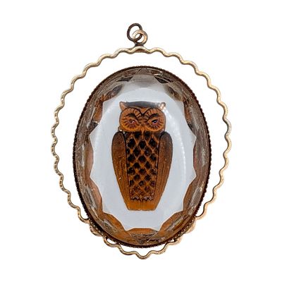 Gold Tone Metal Carved Reverse Intaglio Glass Owl Pendant. Gold Tone Metal, Carved Reverse 
