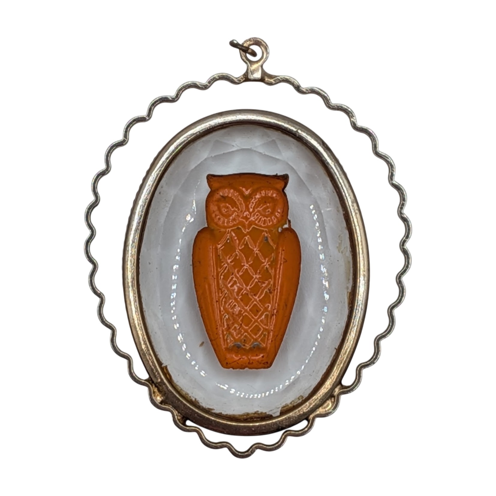 Gold Tone Metal Carved Reverse Intaglio Glass Owl Pendant