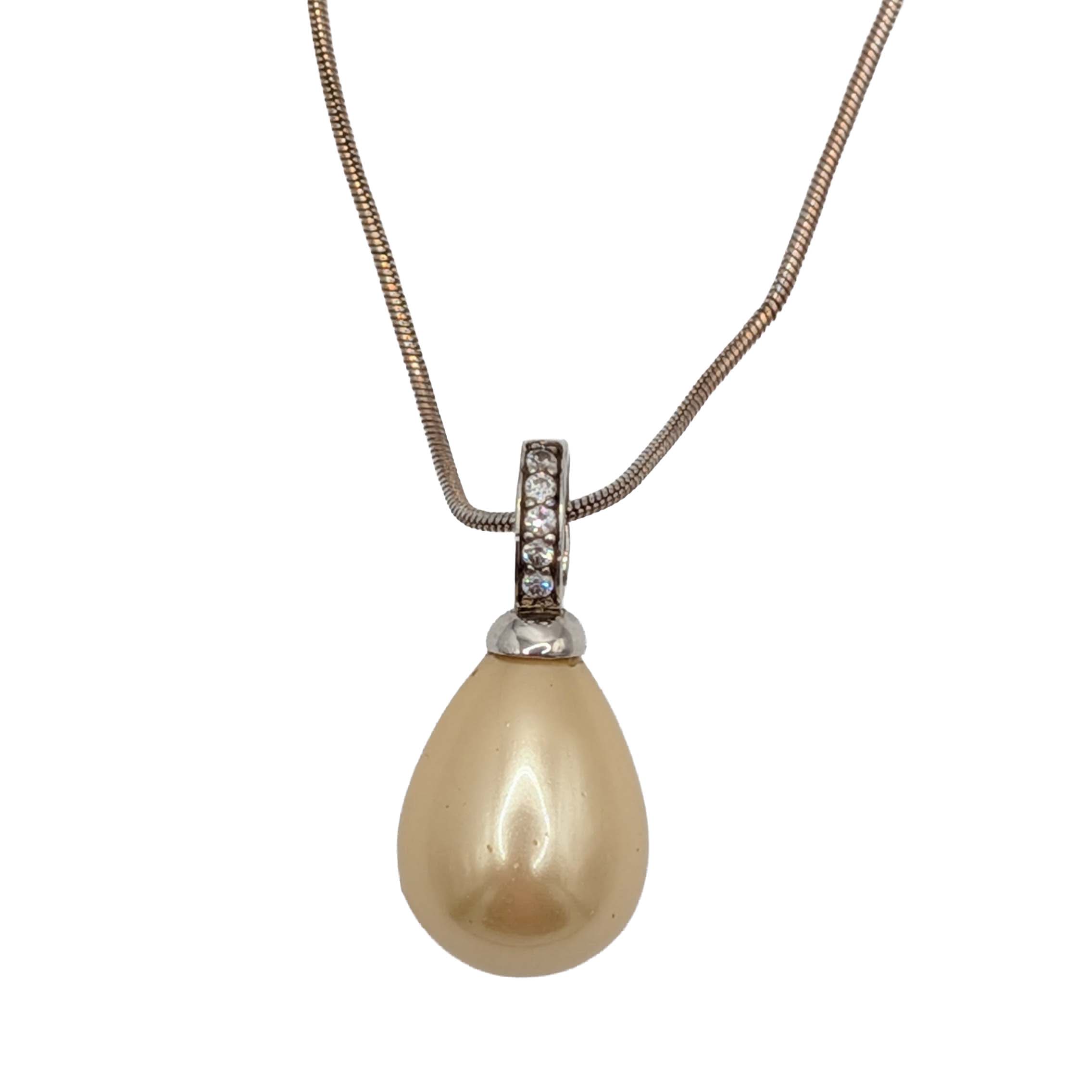 Signed Sterling Silver Faux Pearl CZ Drop Pendant Necklace