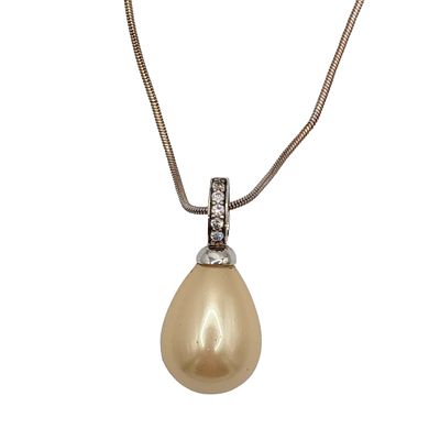 Signed Sterling Silver Faux Pearl CZ Drop Pendant Necklace. Signed Sterling Silver, Faux Pearl 