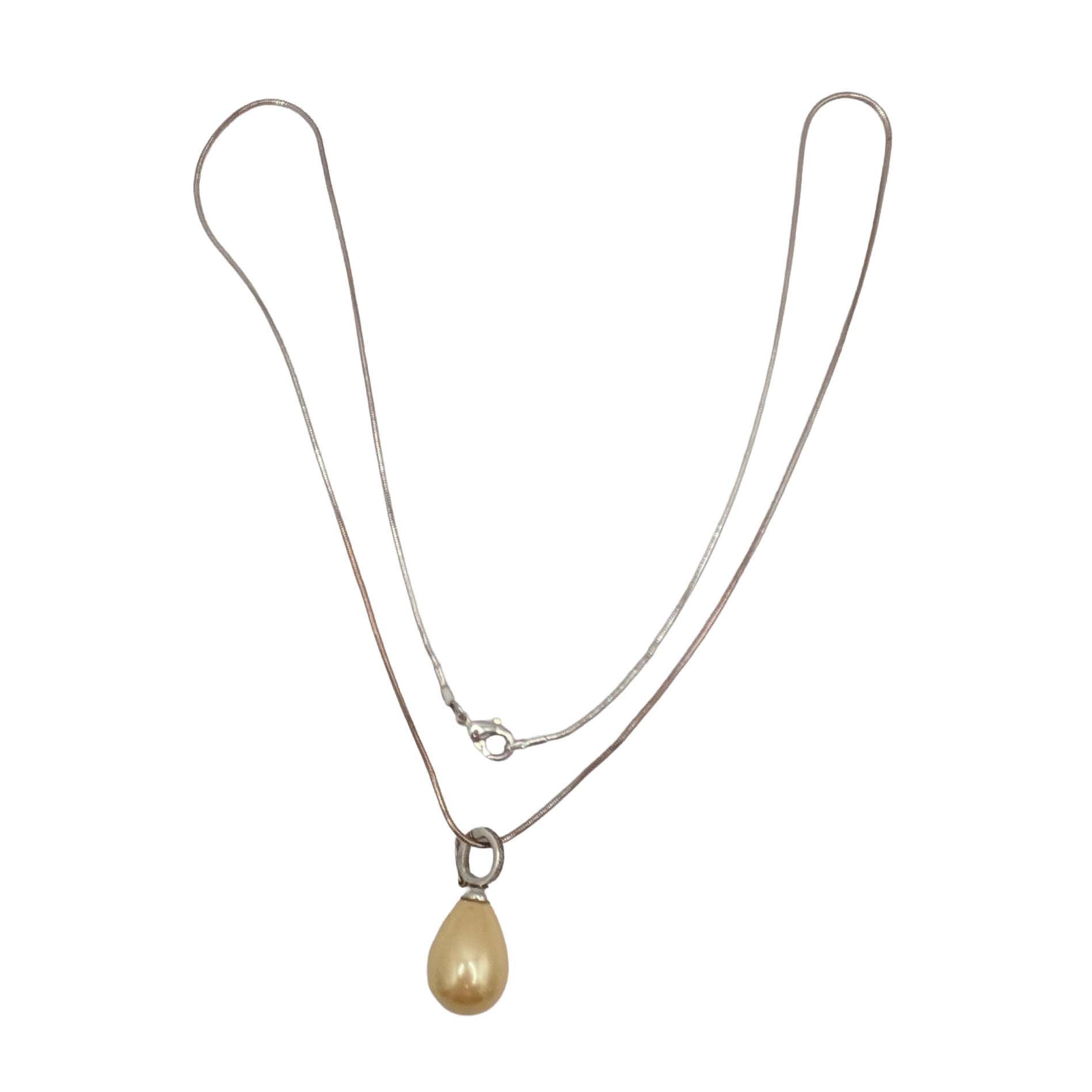 Signed Sterling Silver Faux Pearl CZ Drop Pendant Necklace
