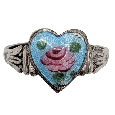Sterling Silver Guilloche Enamel Rose Heart Adjustable Ring. Sterling Silver, Guilloche Enamel 