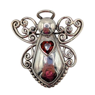 Sterling Silver Red Rhinestone Heart Angel Pendant/Brooch. Sterling Silver, Red Rhinestone Heart 