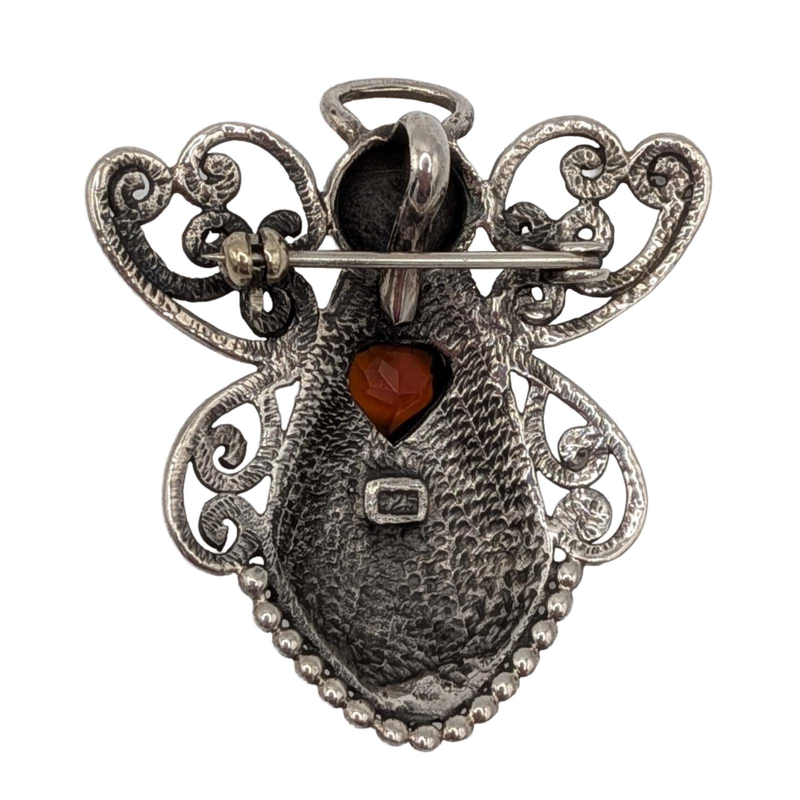 Sterling Silver Red Rhinestone Heart Angel Pendant/Brooch
