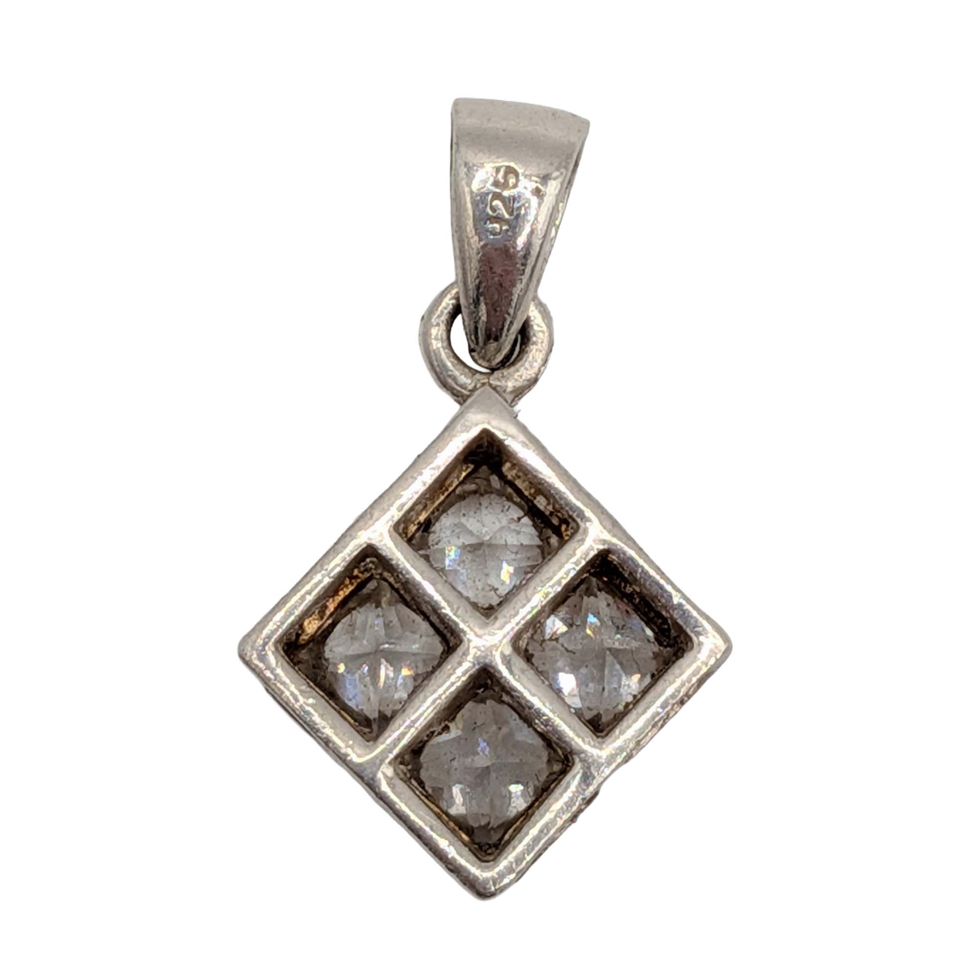 Sterling Silver White Rhinestone Princess Cut Quad Pendant