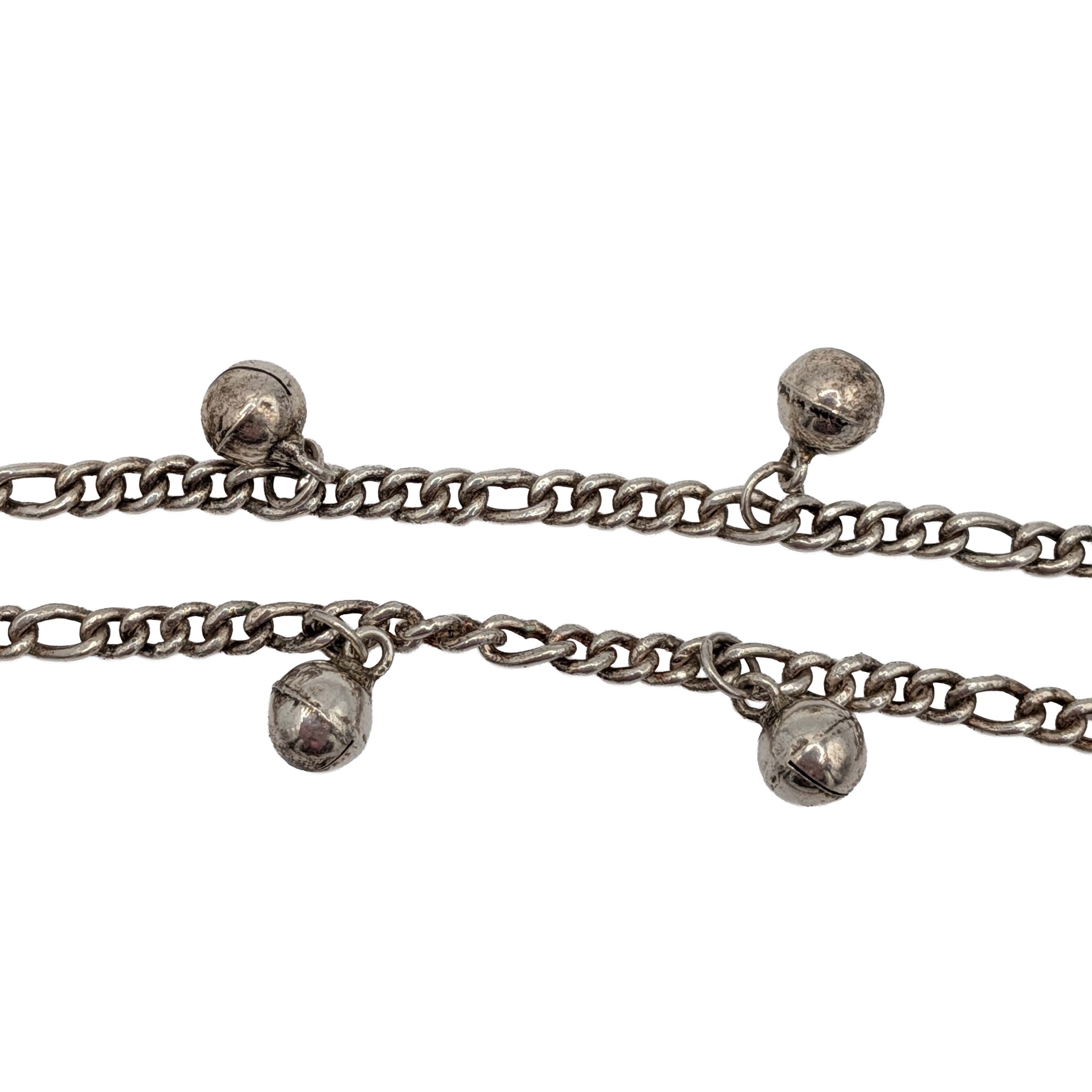 Sterling Silver Bell Charm Figaro Chain Anklet