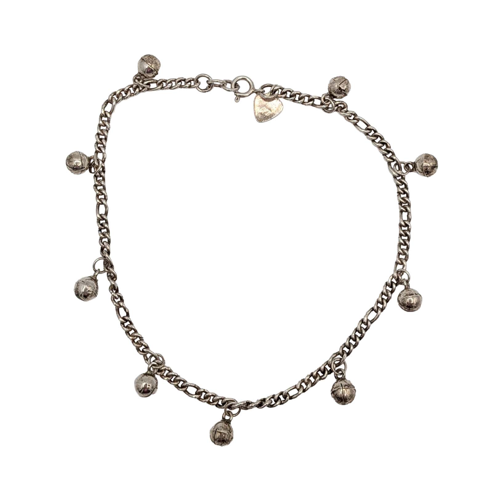 Sterling Silver Bell Charm Figaro Chain Anklet