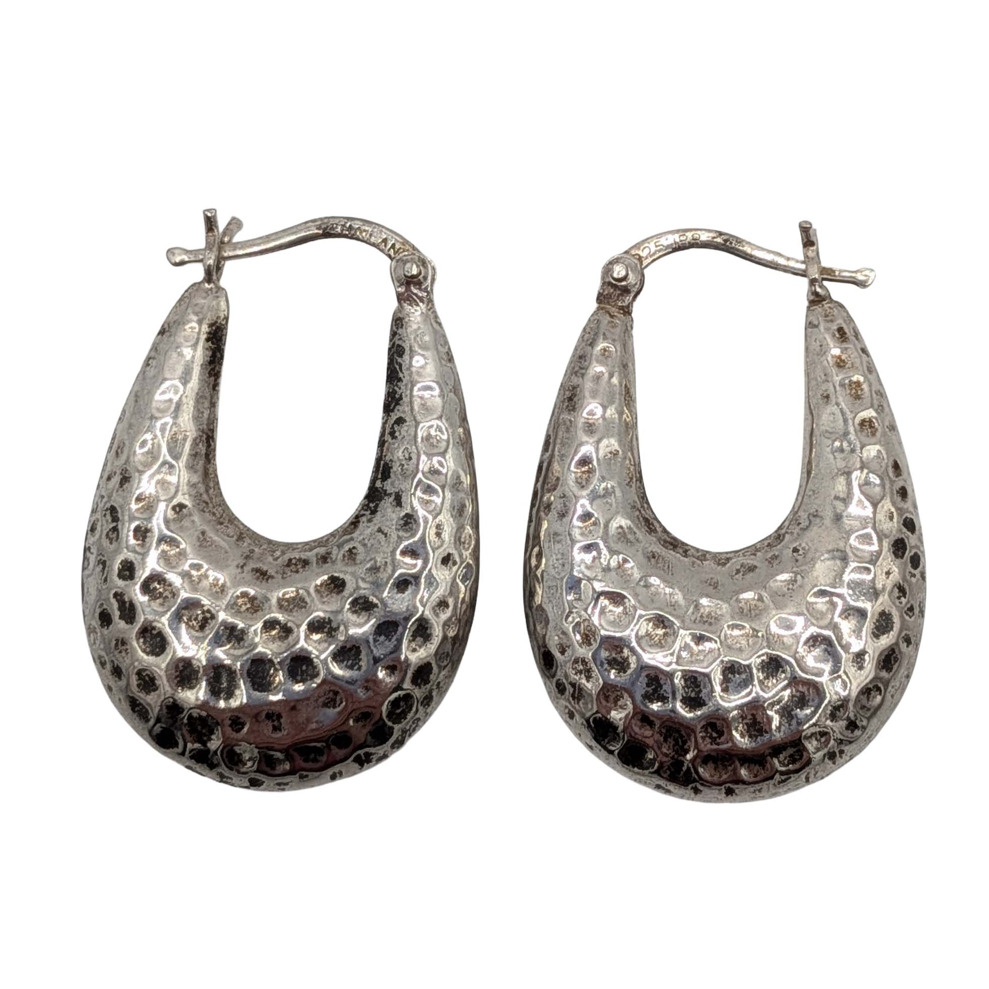 Signed Sterling Silver Textured Oval Hoop Earrings
