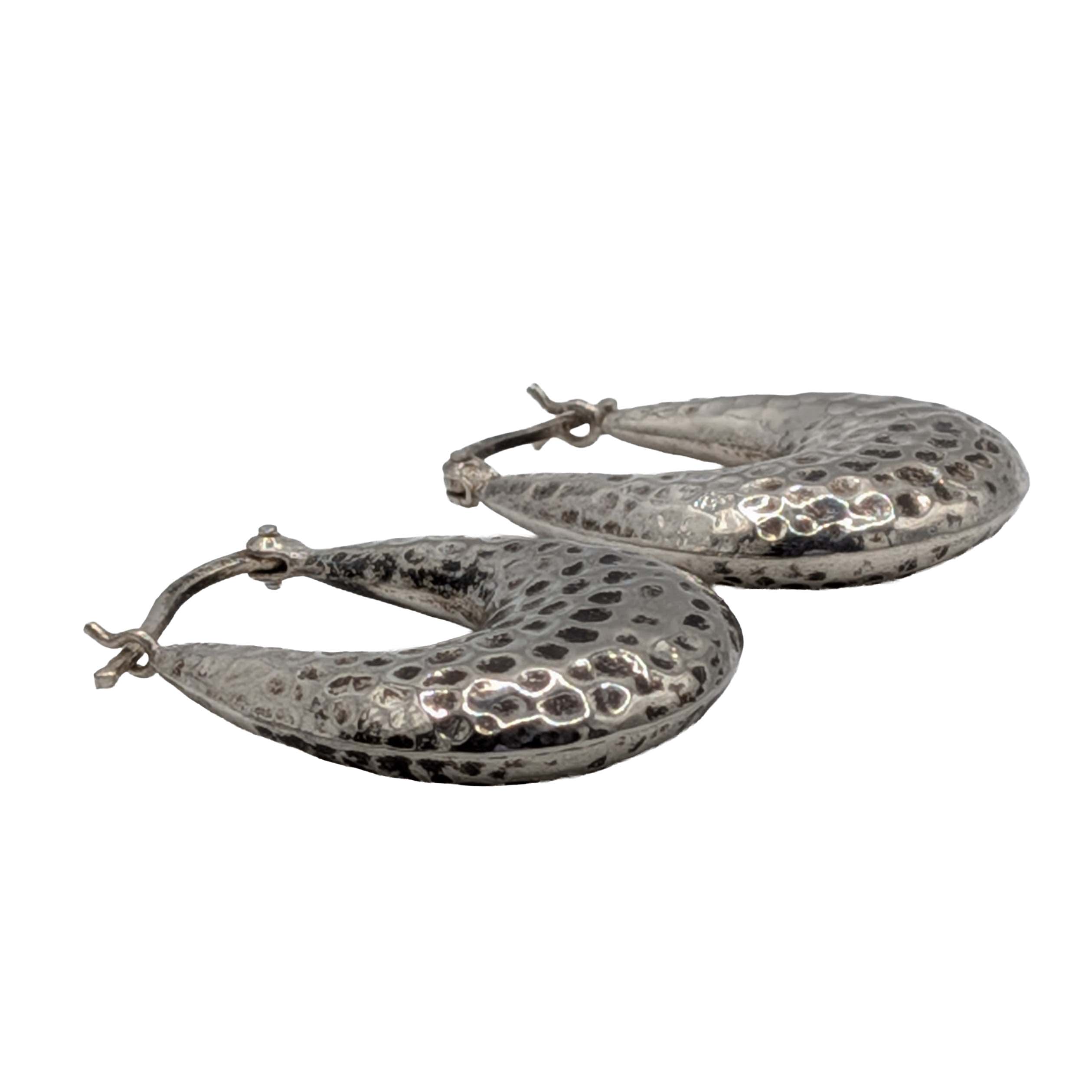 Signed Sterling Silver Textured Oval Hoop Earrings