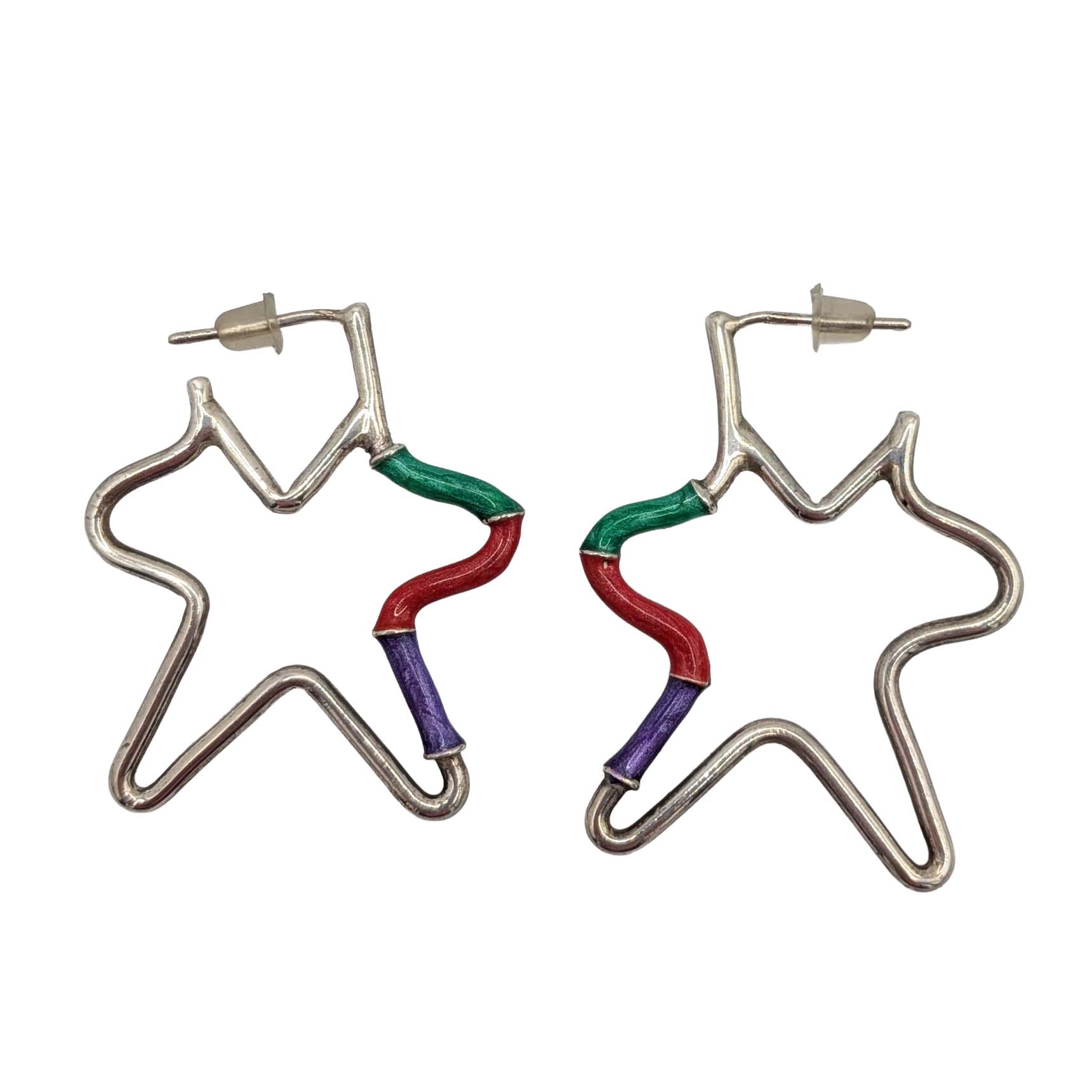 Sterling Silver Enamel Tri Color Modernist Star Earrings