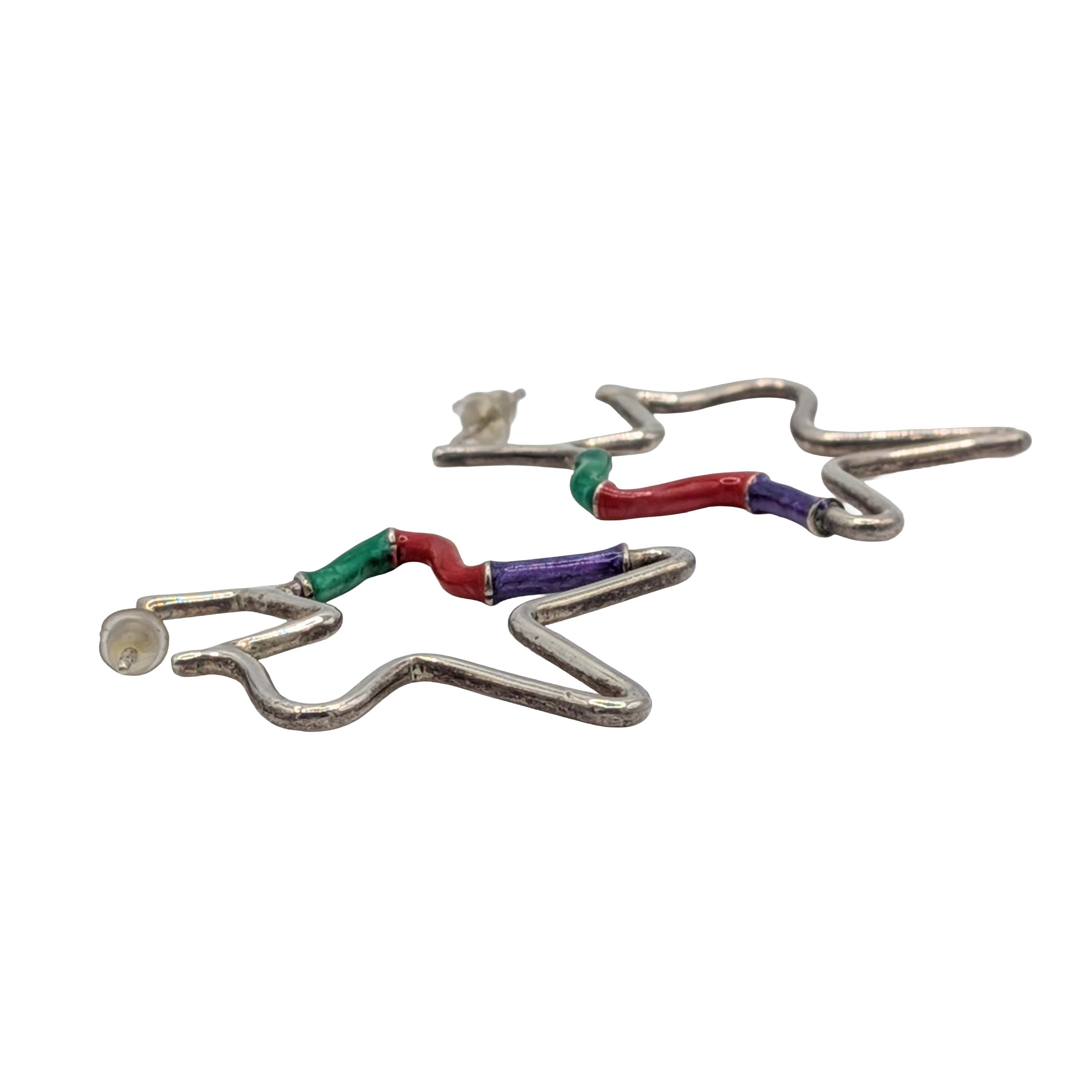 Sterling Silver Enamel Tri Color Modernist Star Earrings