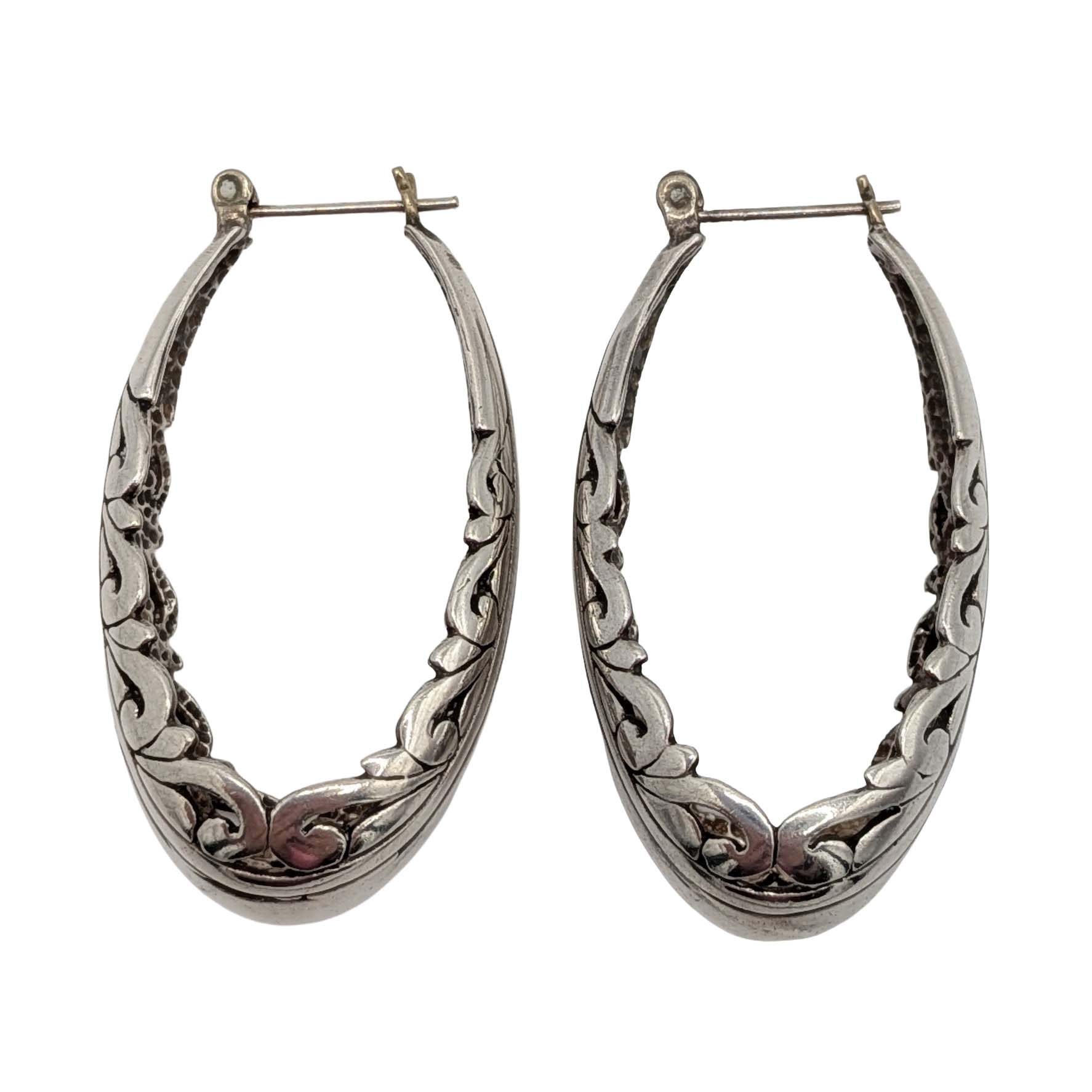 Signed Sterling Silver Long Open Scrollwork Oval Hoop Earrings