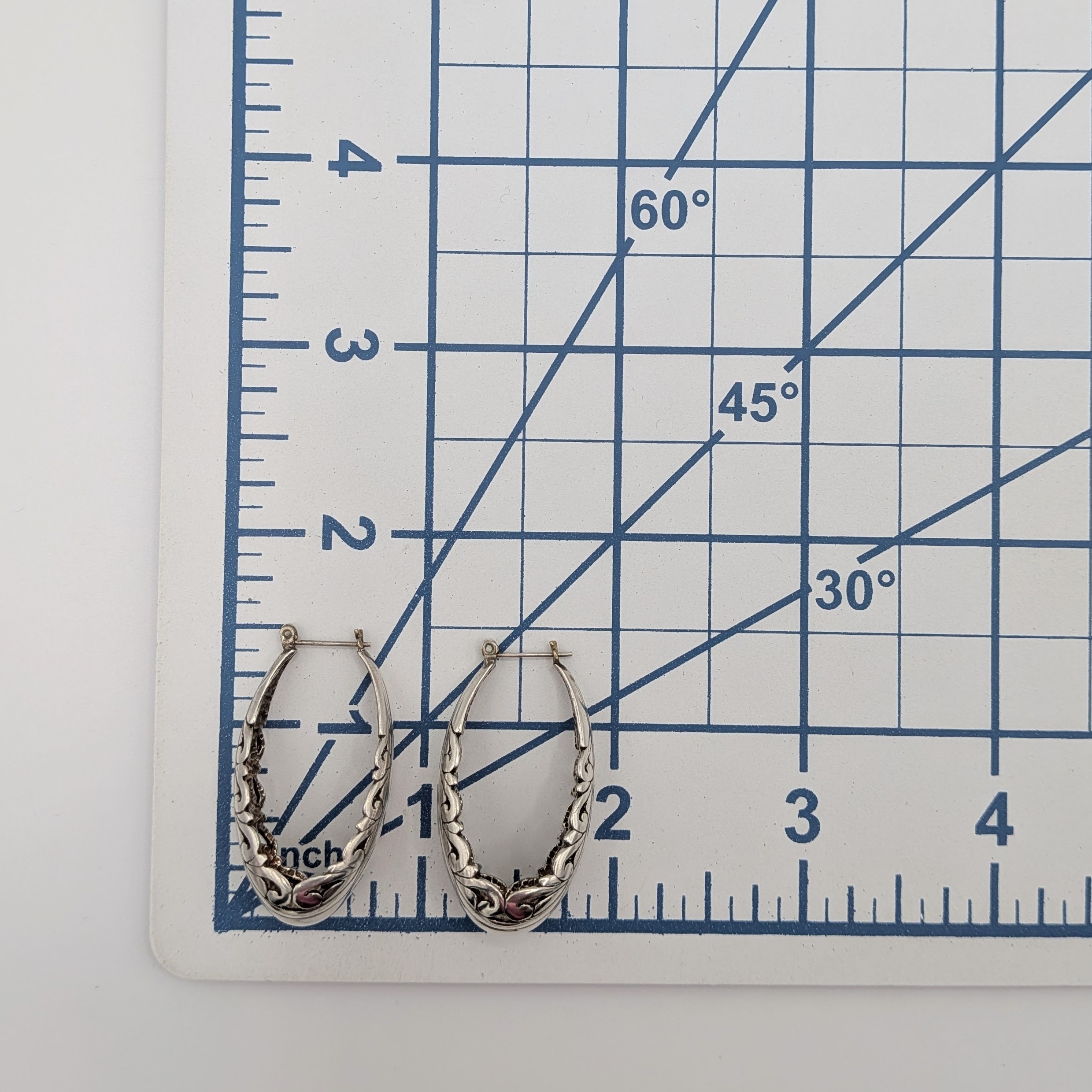 Signed Sterling Silver Long Open Scrollwork Oval Hoop Earrings
