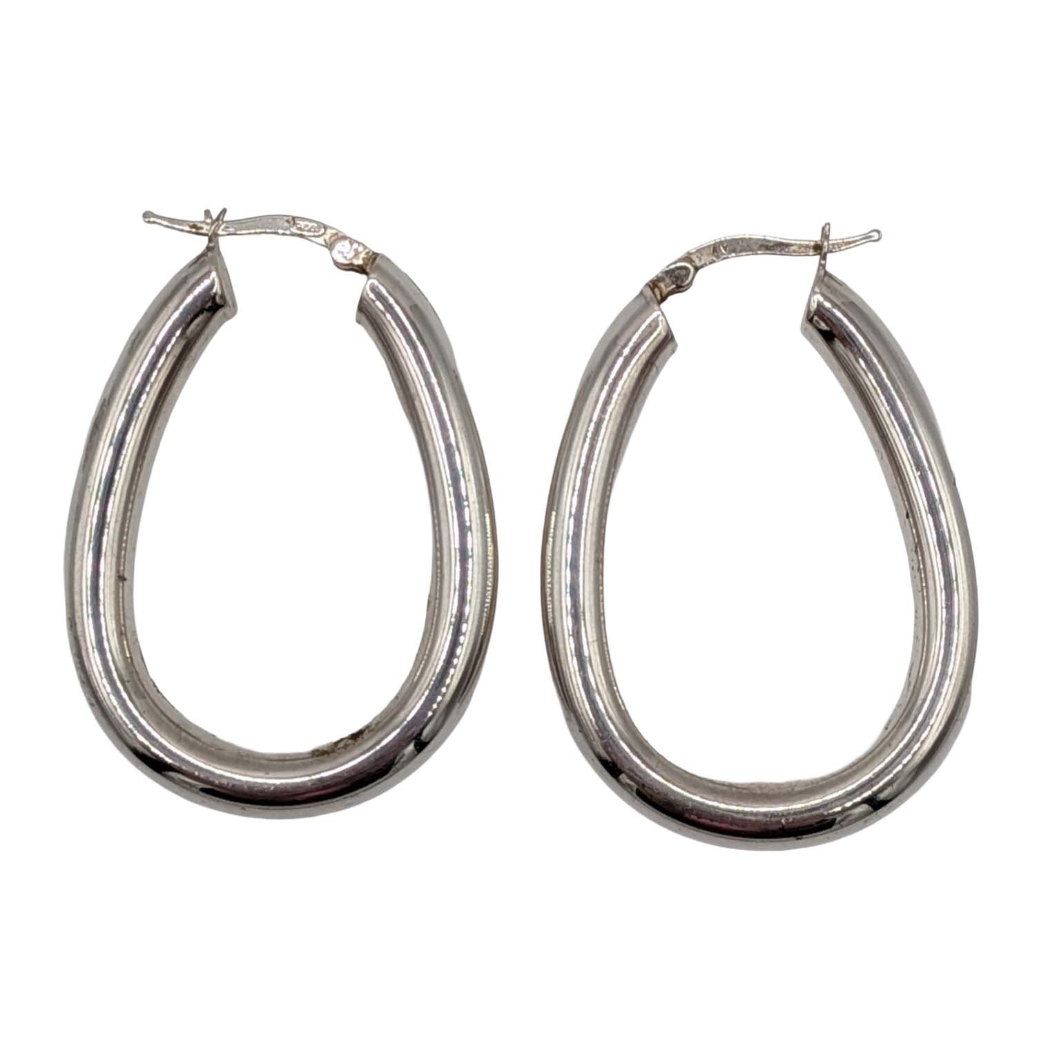 Signed Sterling Silver Thick Polished Oval Hoop Earrings