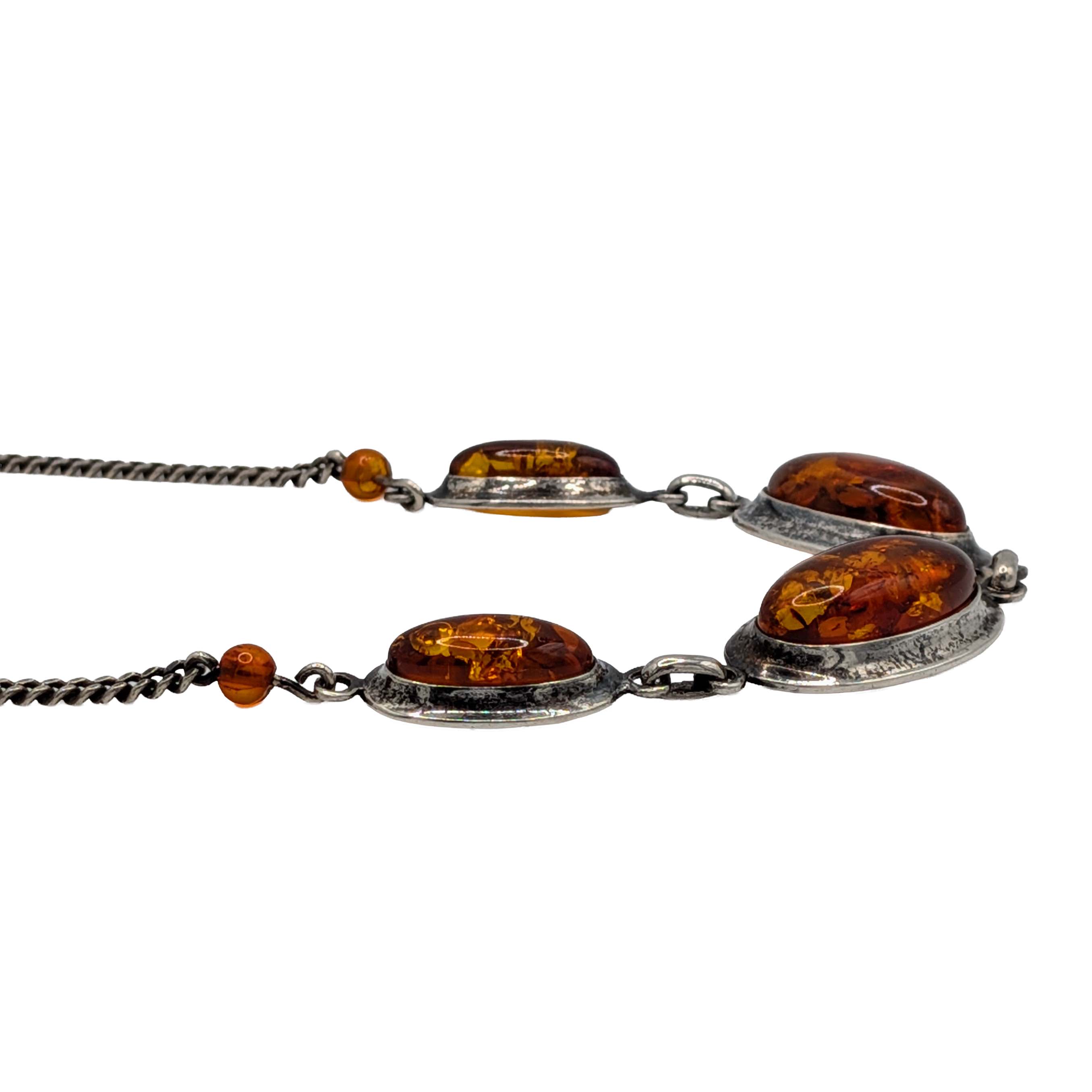 Signed Sterling Silver Amber Link Necklace