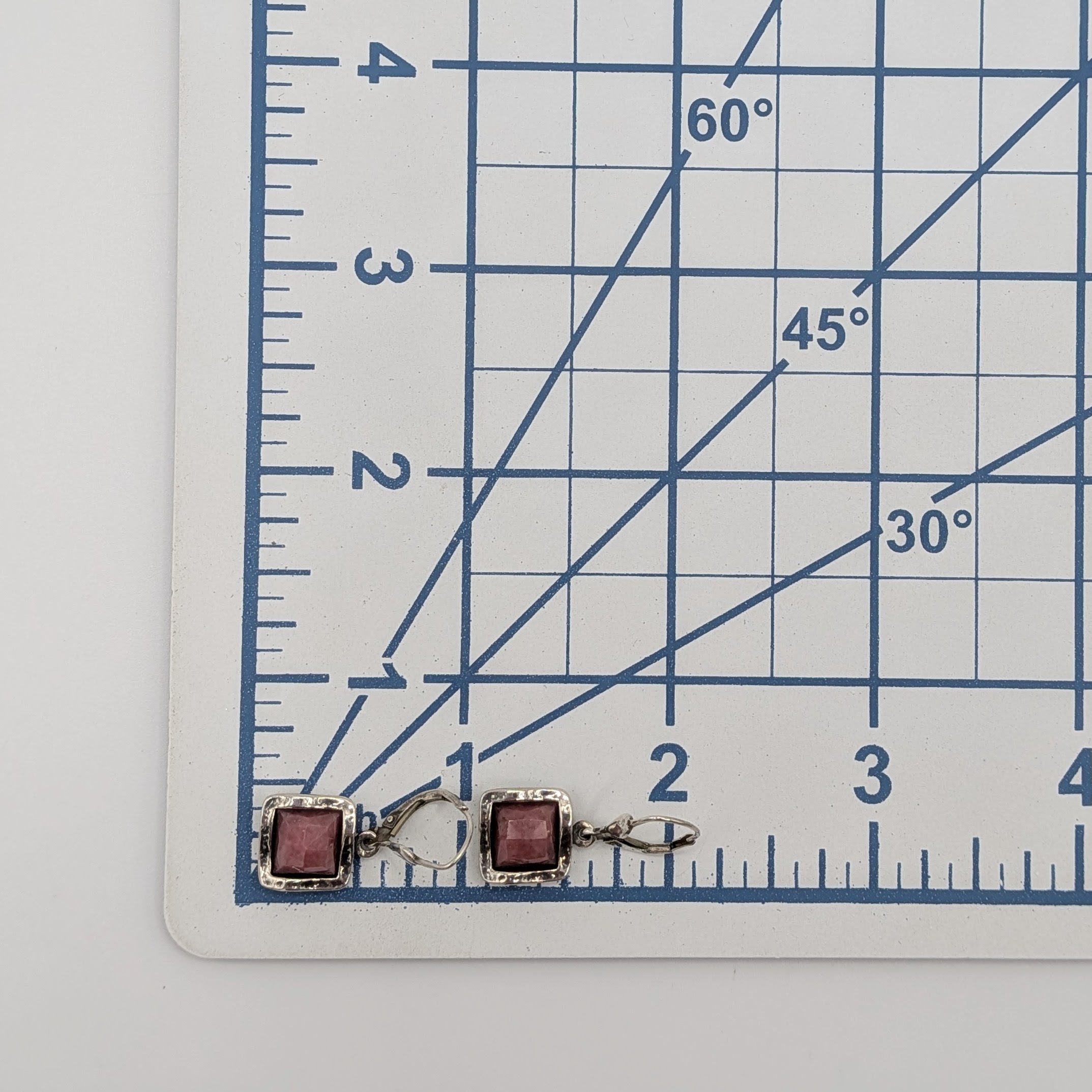 Signed Israel Sterling Silver Rhodonite Wavy Square Dangle Drop Earrings