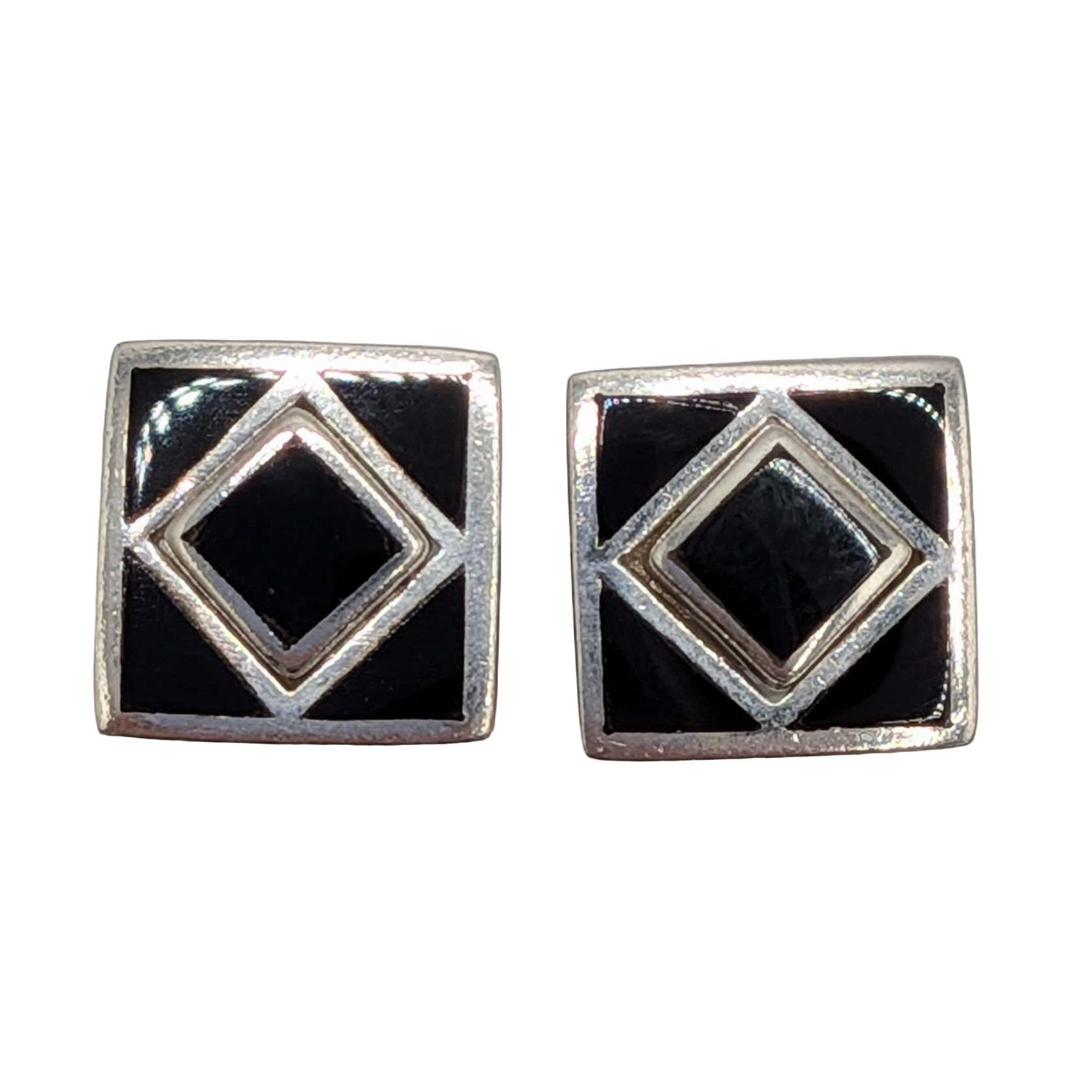 Signed Sterling Silver Onyx Inlay Convertible Jacket Stud Earrings