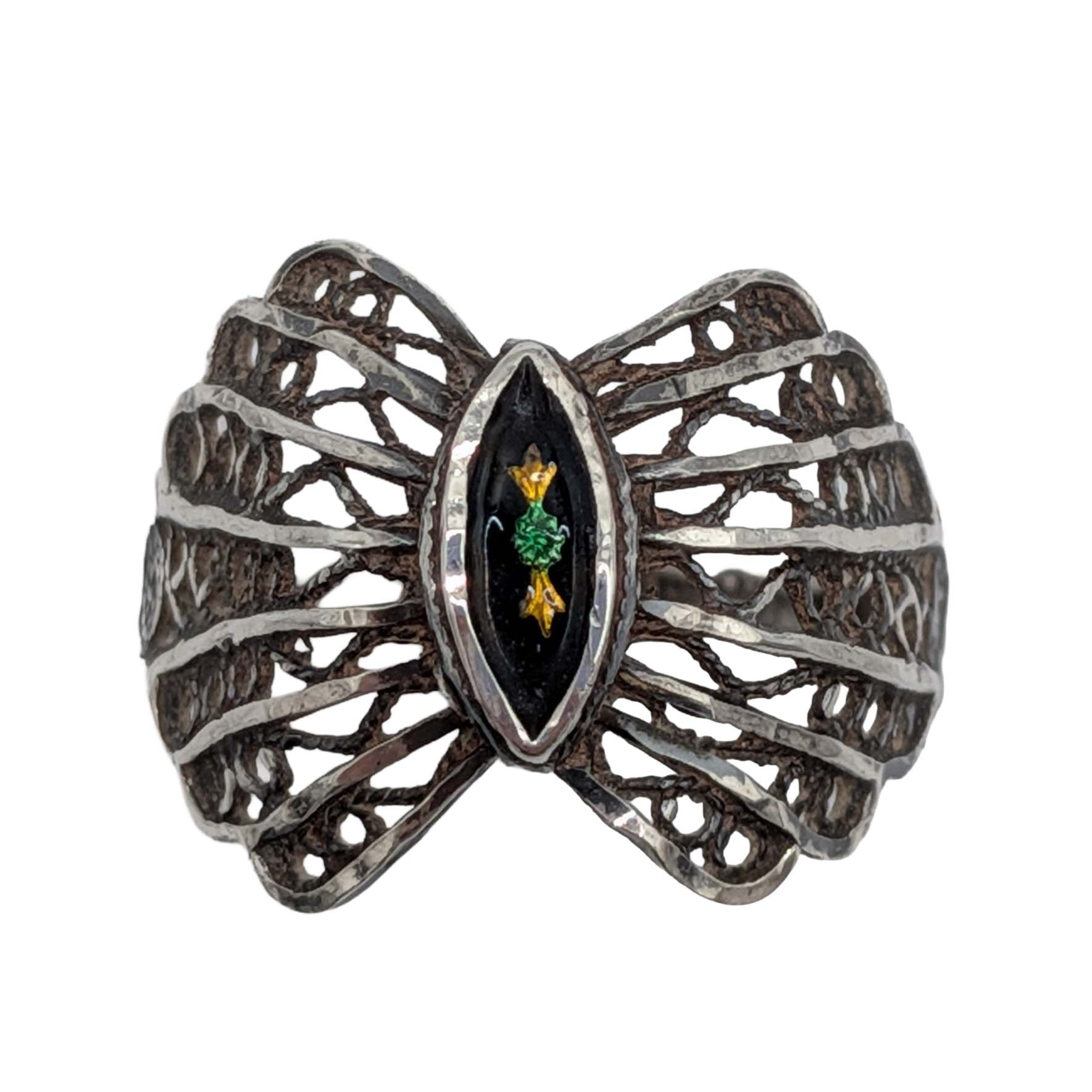 Turkish Sterling Silver Gold Foil Inlay Filigree Ring Size 7.75