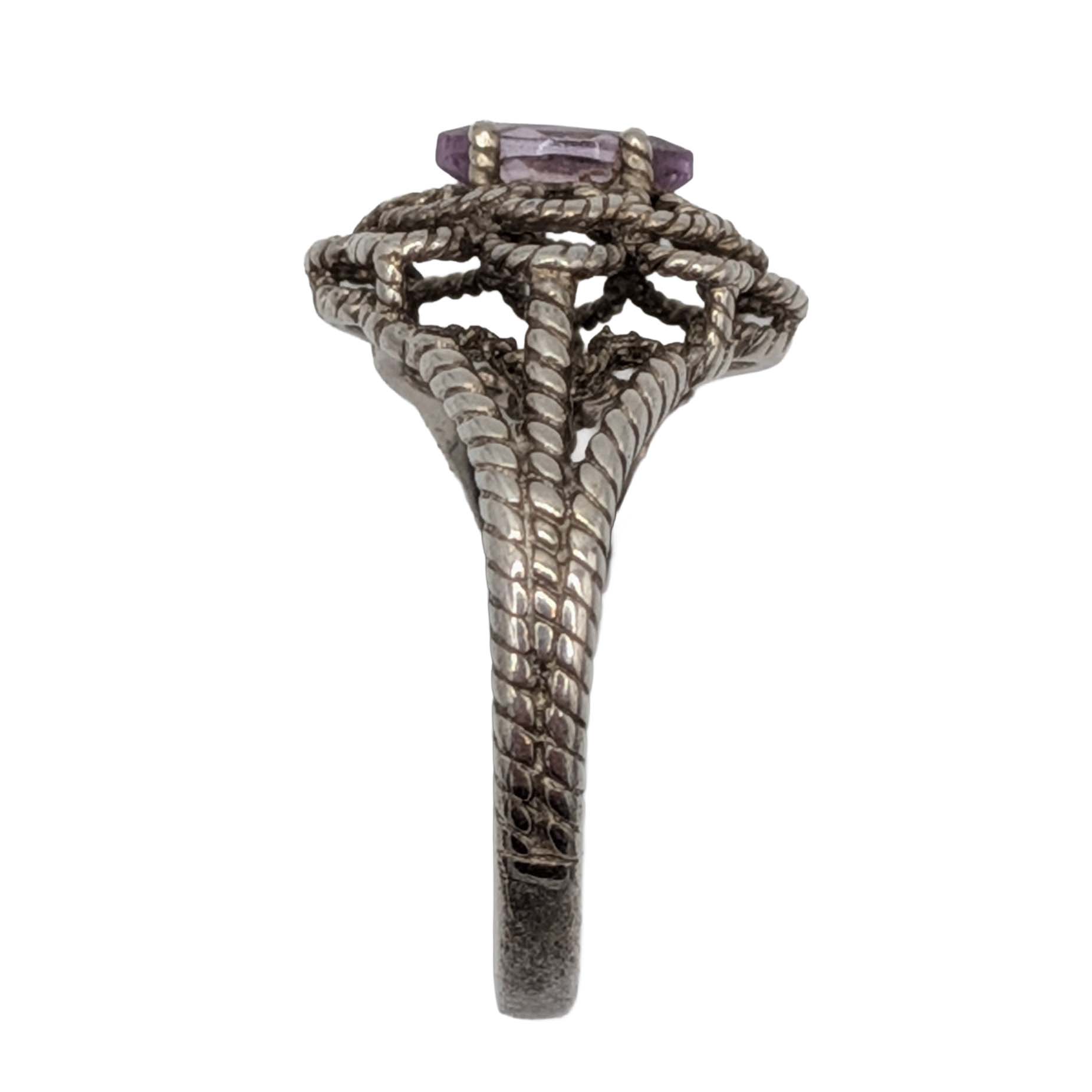 Signed Sterling Silver Amethyst Filigree Dome Ring Size 9.5