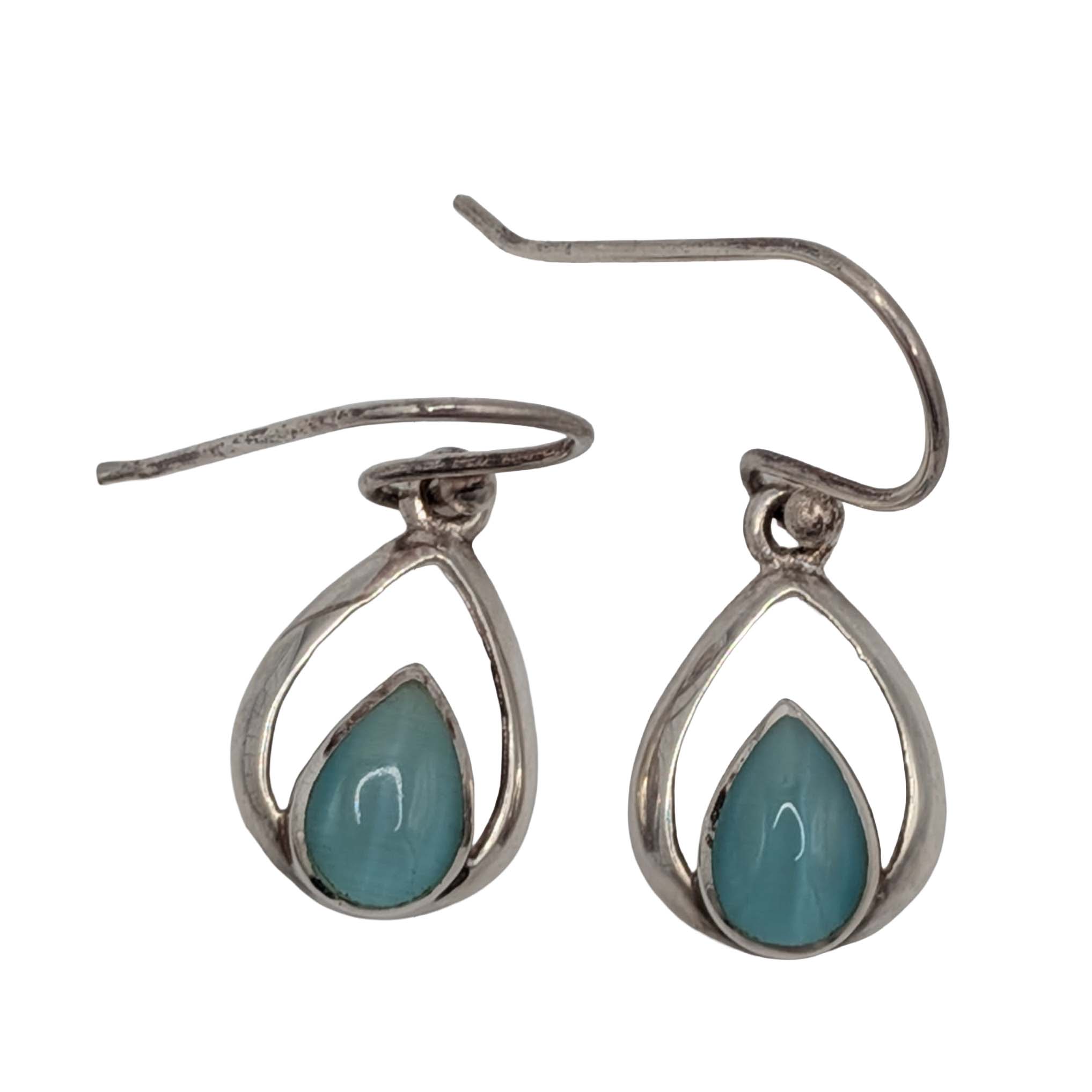 Signed Sterling Silver Blue Iridescent Rhinestone Teardrop Dangle Earrings