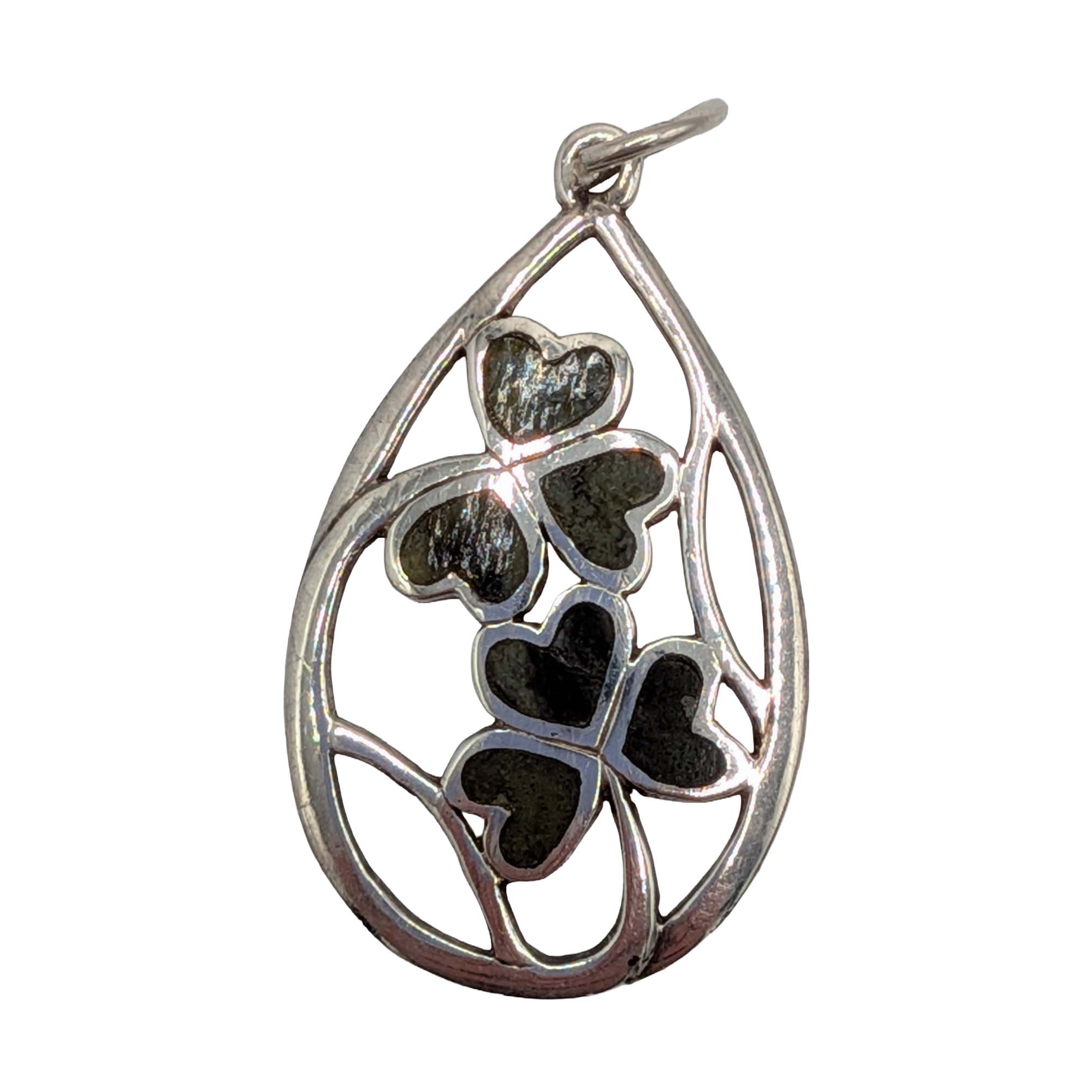 Irish Sterling Silver Moss Agate Double Shamrock Drop Pendant