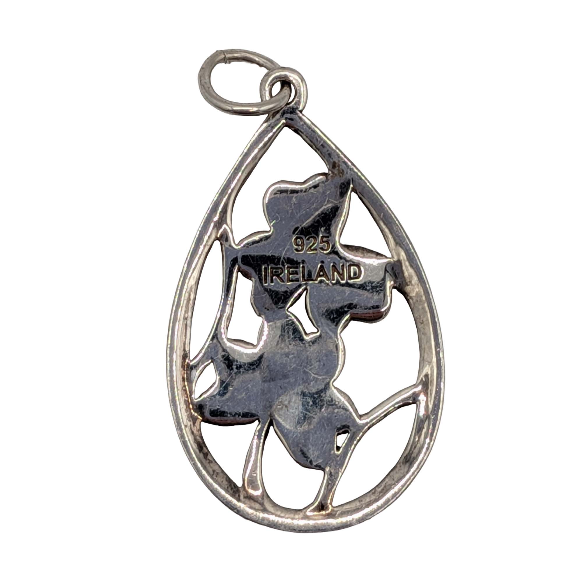 Irish Sterling Silver Moss Agate Double Shamrock Drop Pendant