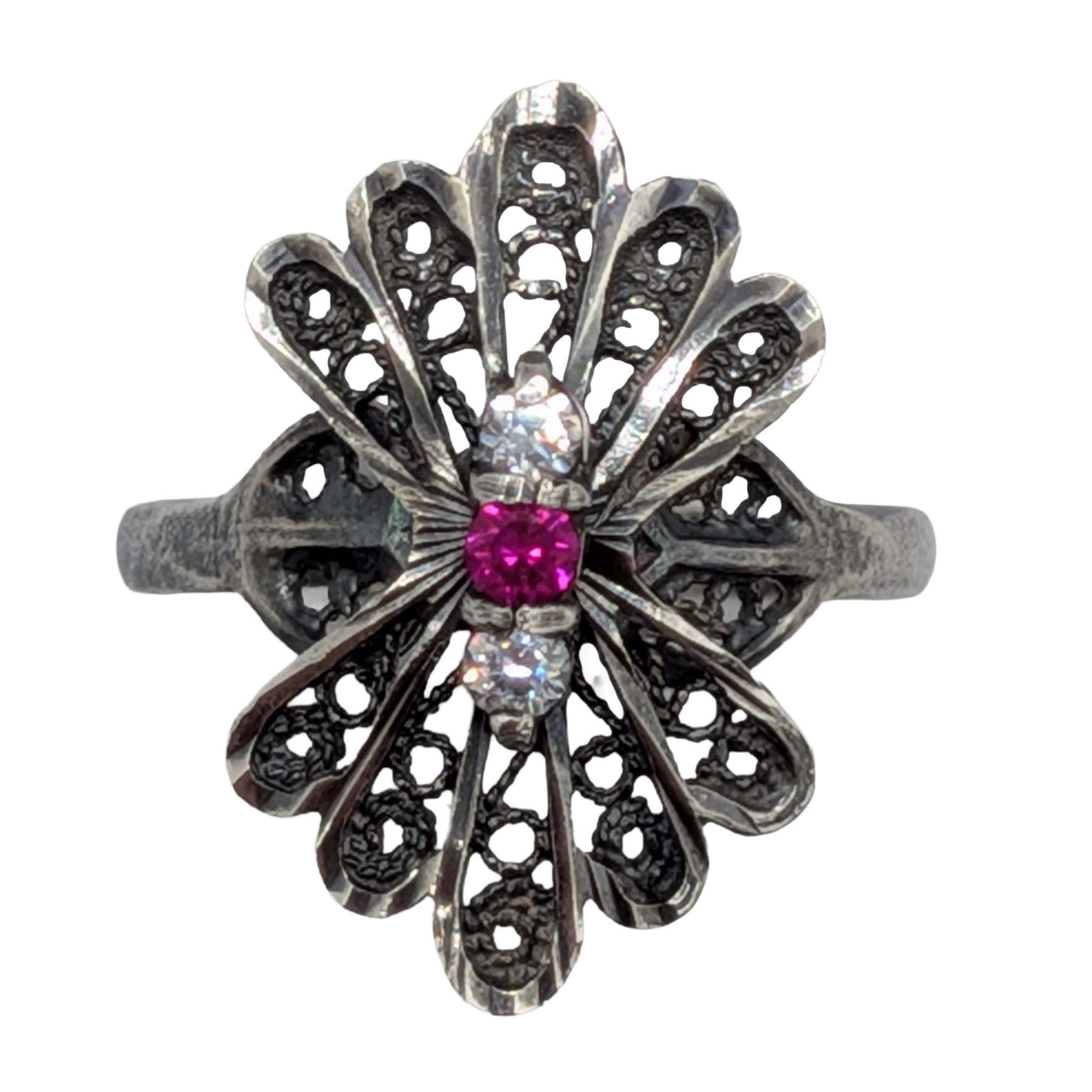 Signed Sterling Silver Ruby CZ Filigree Shield Ring Size 7.75